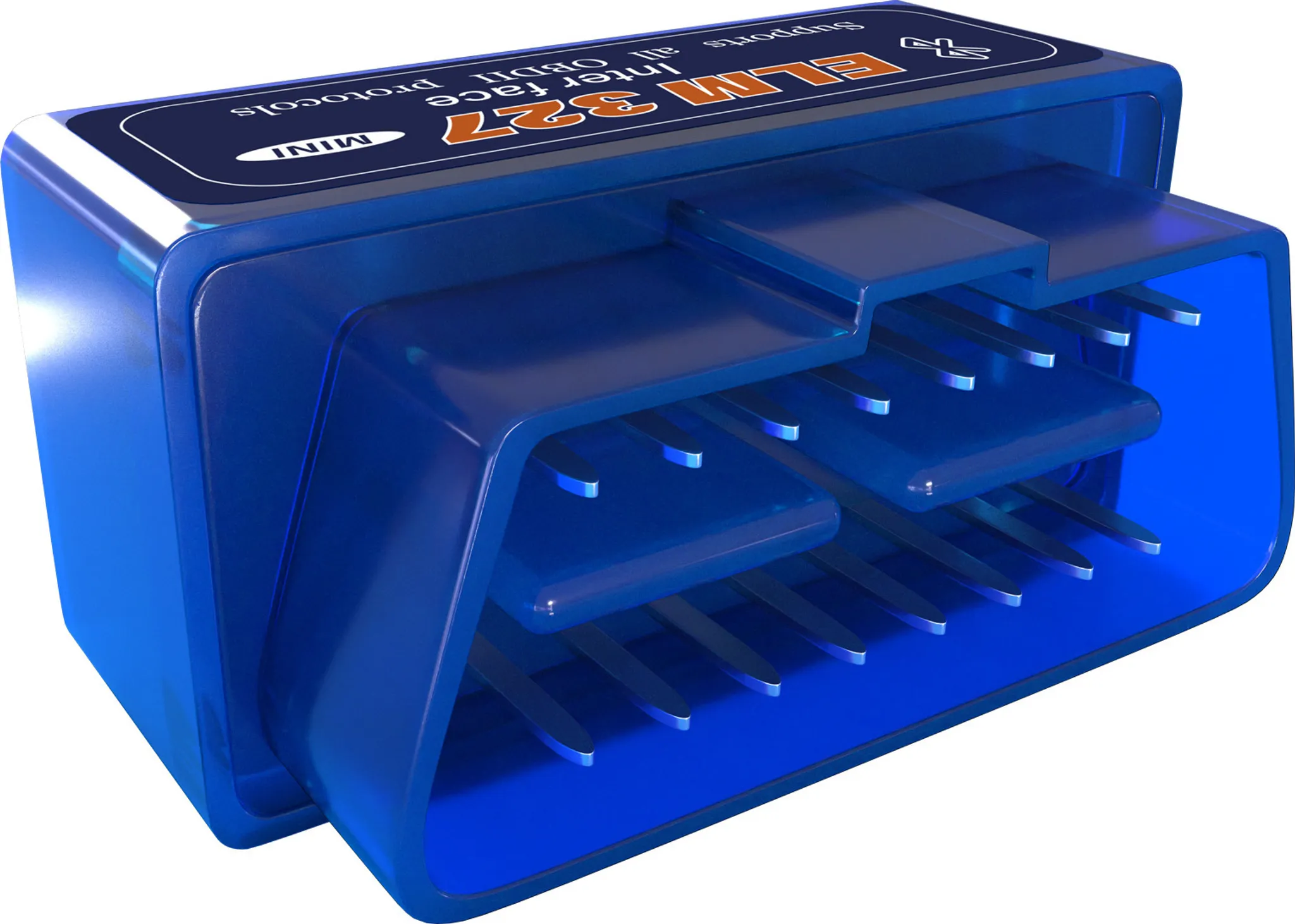 Blaue OBD2-Schnittstelle. Mini-Größe. Silberne Pins sichtbar. Unterstützt alle OBDII-Protokolle. Weißer Hintergrund.