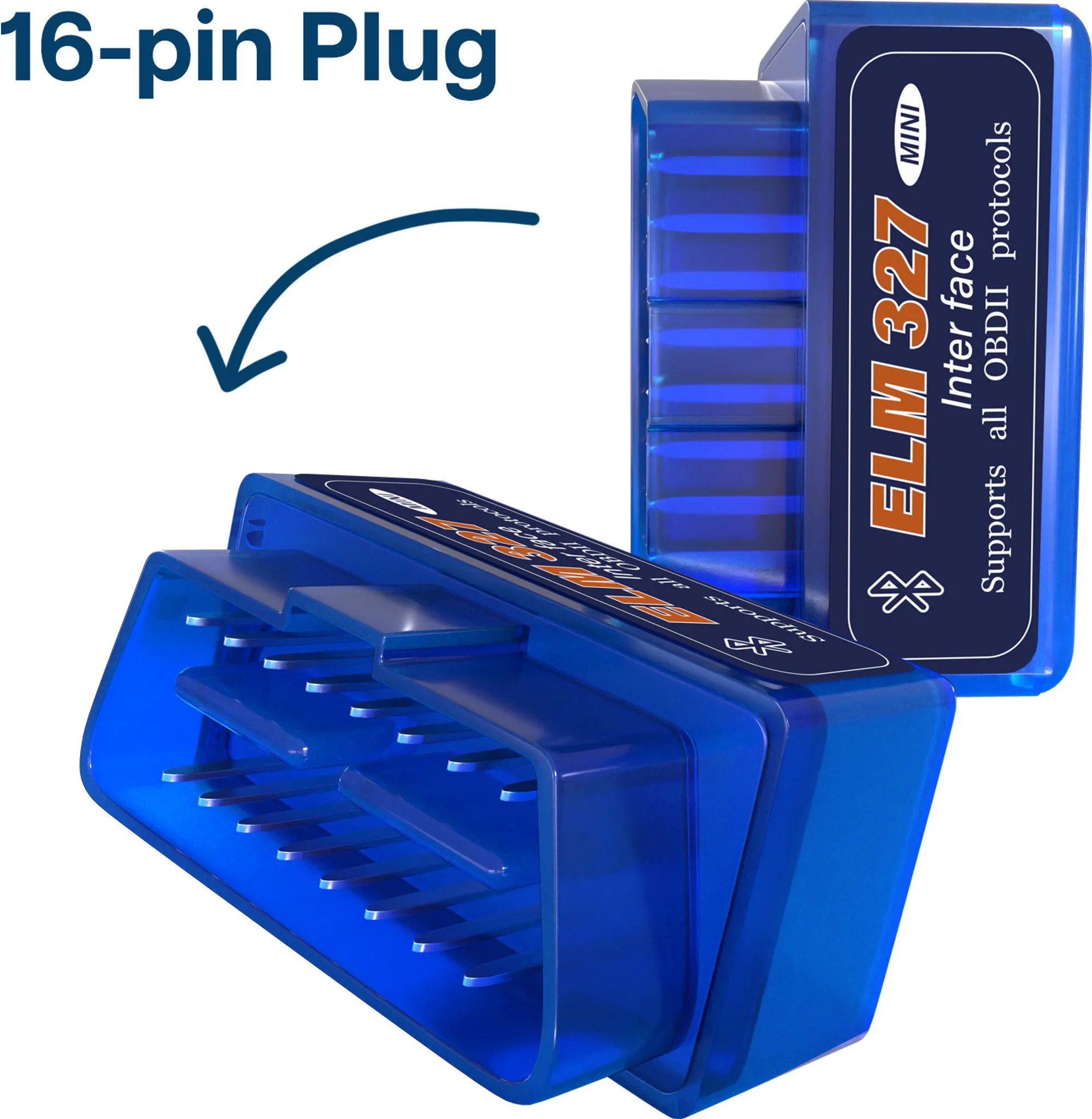 Blauer und schwarzer OBDII-Scanner mit der Aufschrift 16-Pin-Stecker und dem Text ELM 327 MINI Interface.