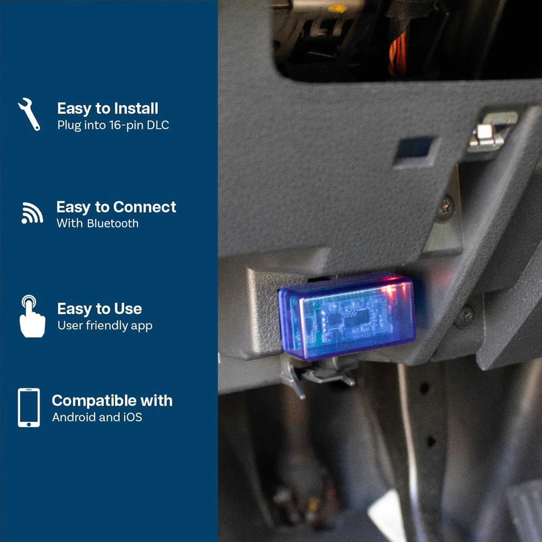Blaue OBD2-Schnittstelle in einem Auto installiert. Anweisungen zur Installation, Verbindung und Verwendung. Schwarzer Innenraum.