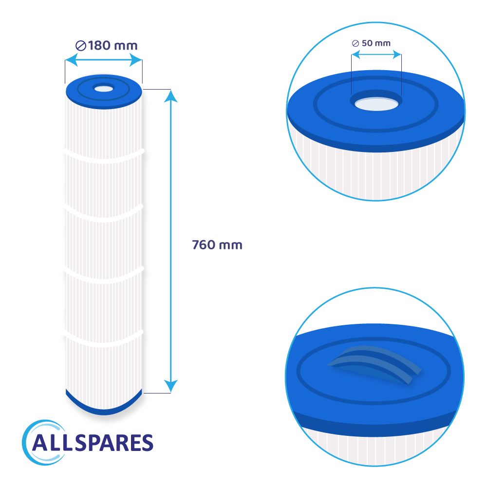 Filtro piscina con misure e dettagli della parte superiore e inferiore, compresi diametro e altezza.