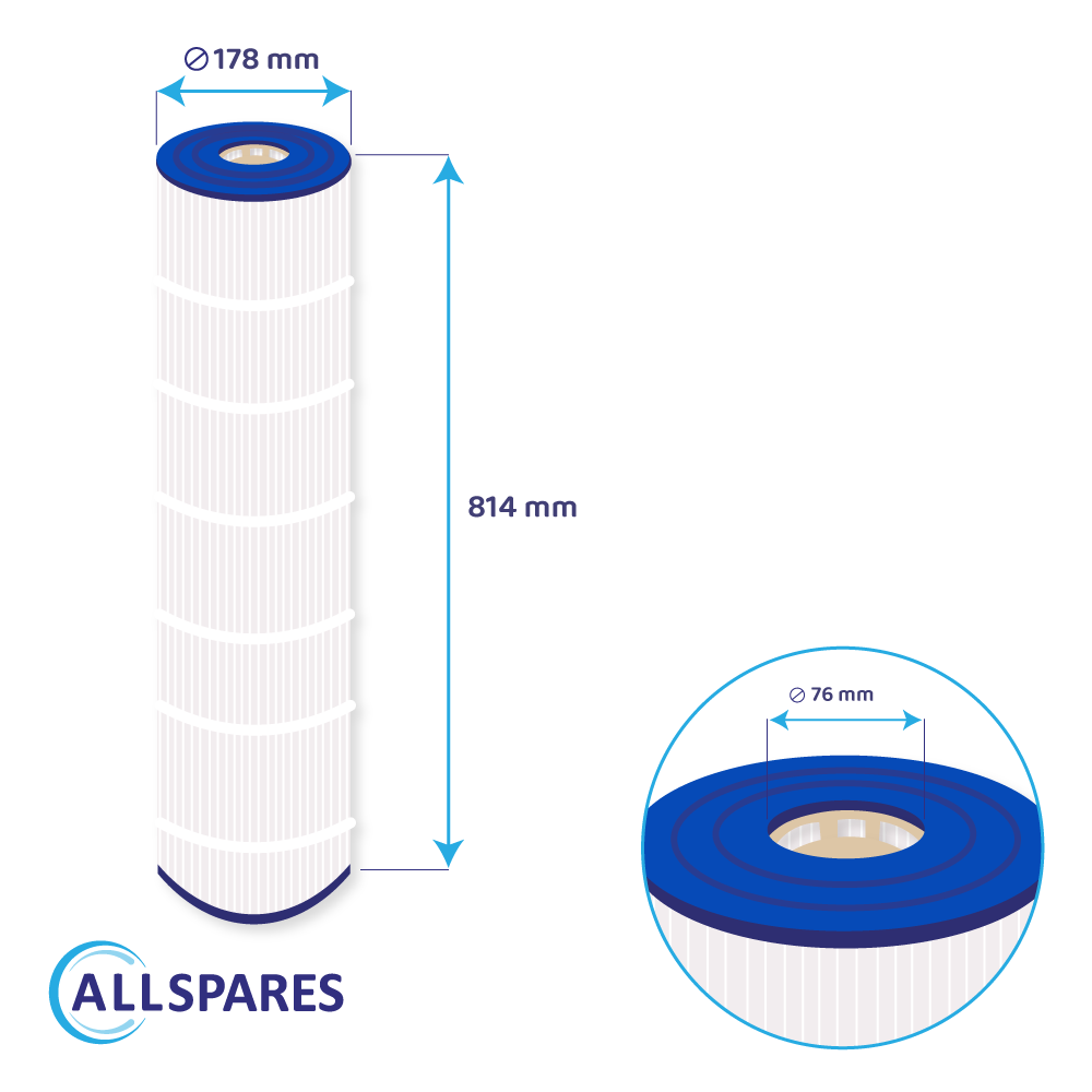 Filtro bianco con estremità blu e misure. Diametro 178 mm, lunghezza 814 mm e diametro superiore 76 mm.