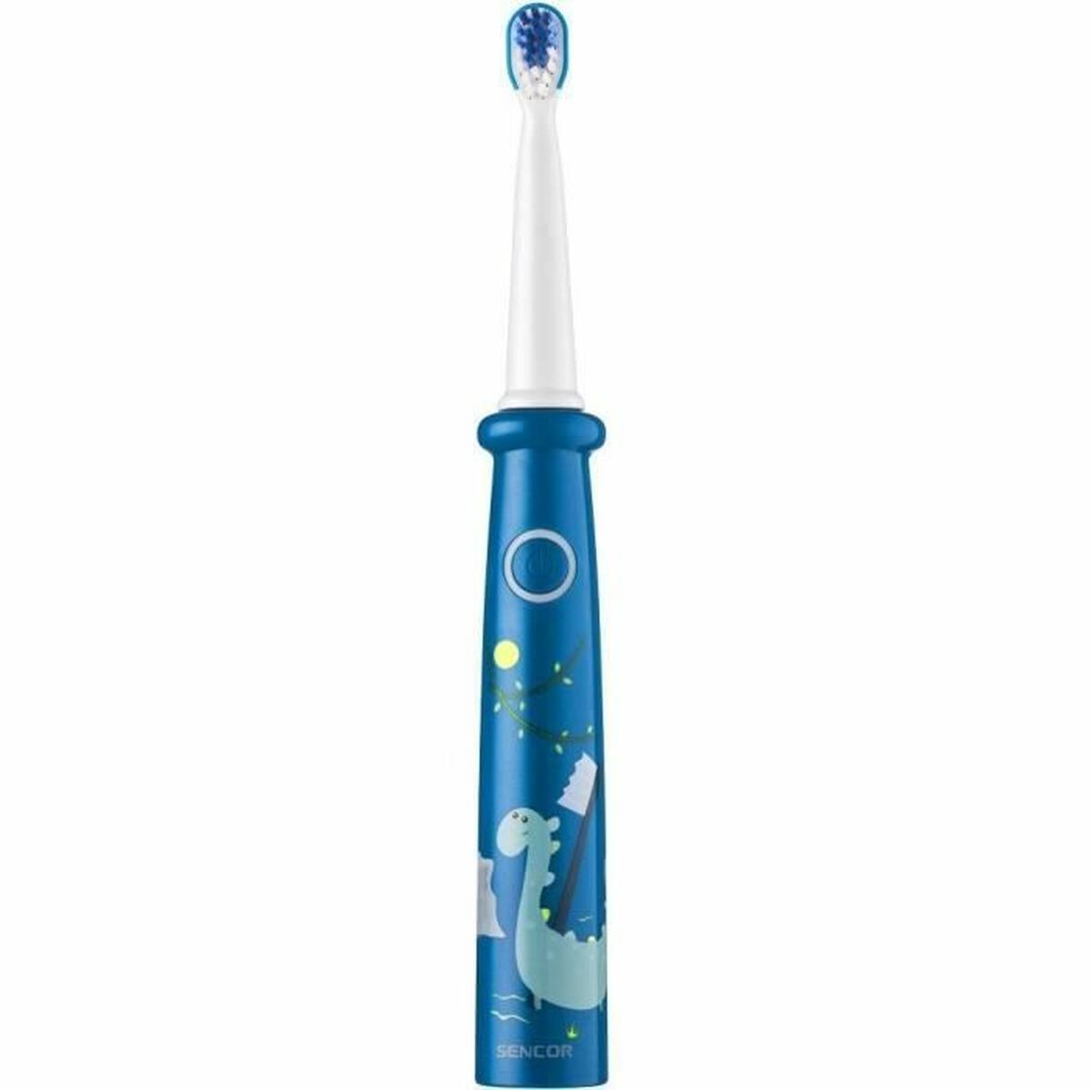 Eine blaue Zahnbürste mit Dinosaurier-Design auf dem Griff.