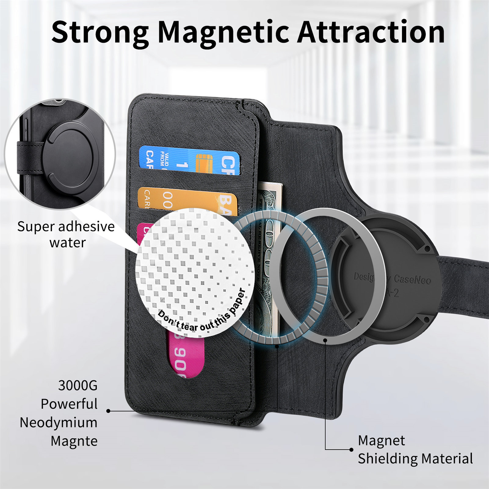 Una custodia nera per telefono con slot per carte e anello magnetico, con carte inserite.