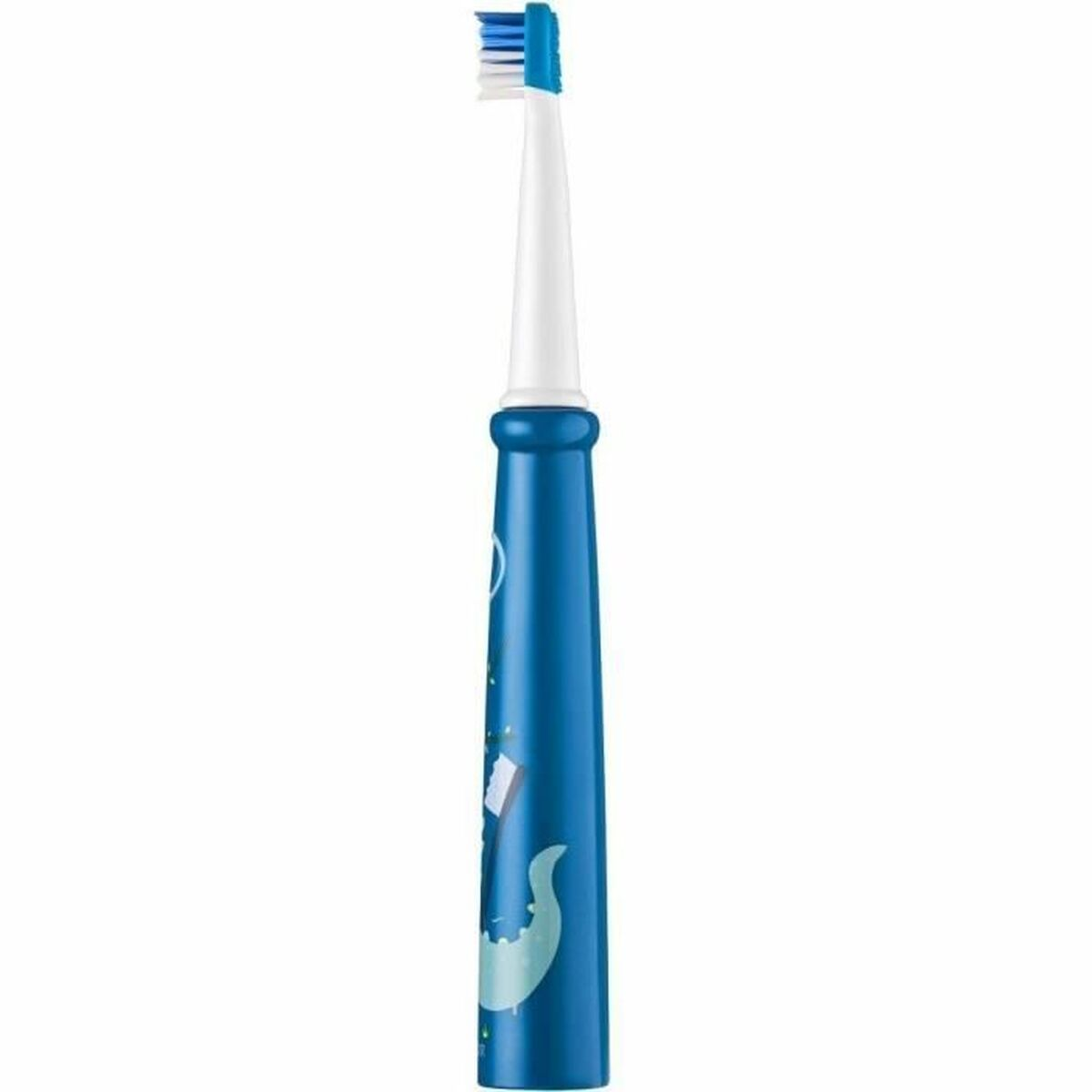 Eine blaue Zahnbürste mit weißem Kopf, blauen Borsten und Dinosaurier-Design.