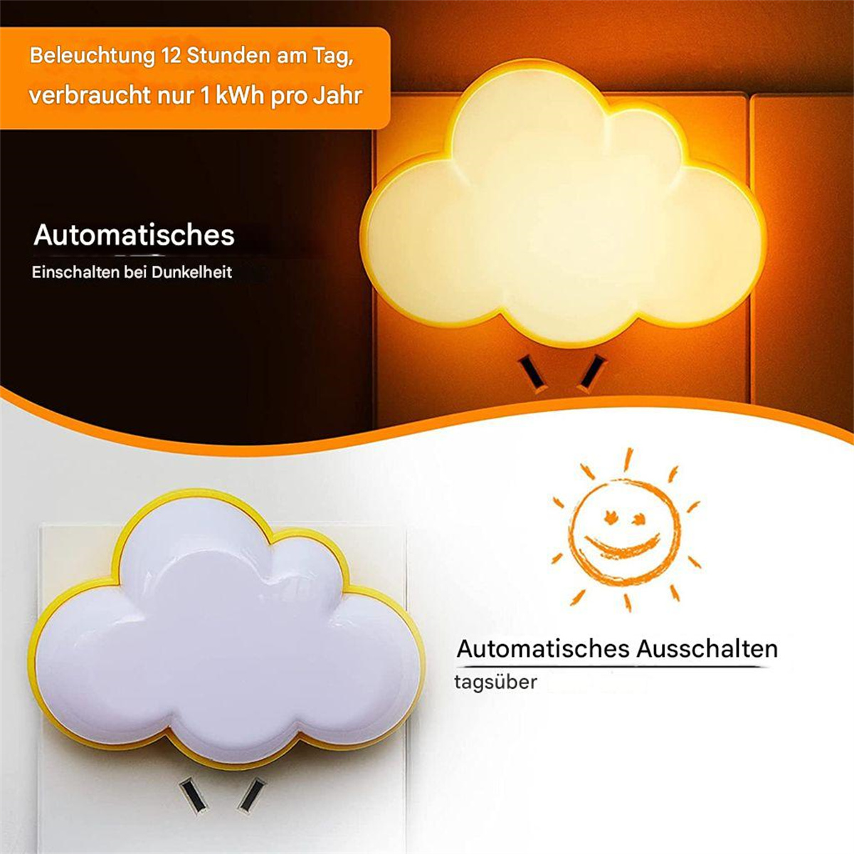 Ein wolkenförmiges Nachtlicht, das in eine Steckdose gesteckt wird, mit Sonnensymbol.