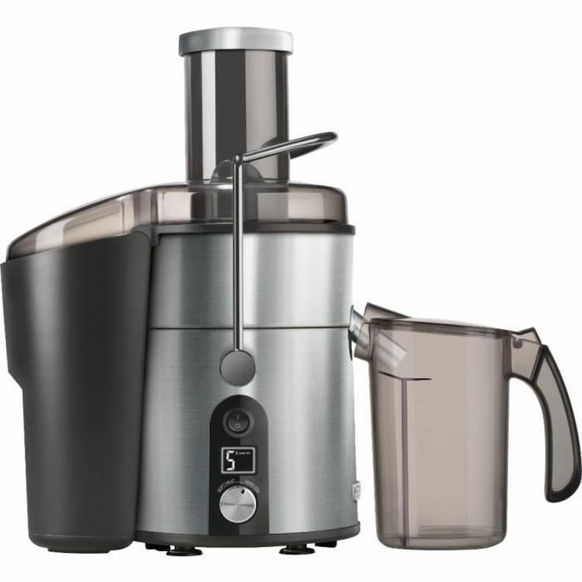 Una centrifuga argentata e nera con una brocca grigio scuro. La centrifuga ha un display digitale.