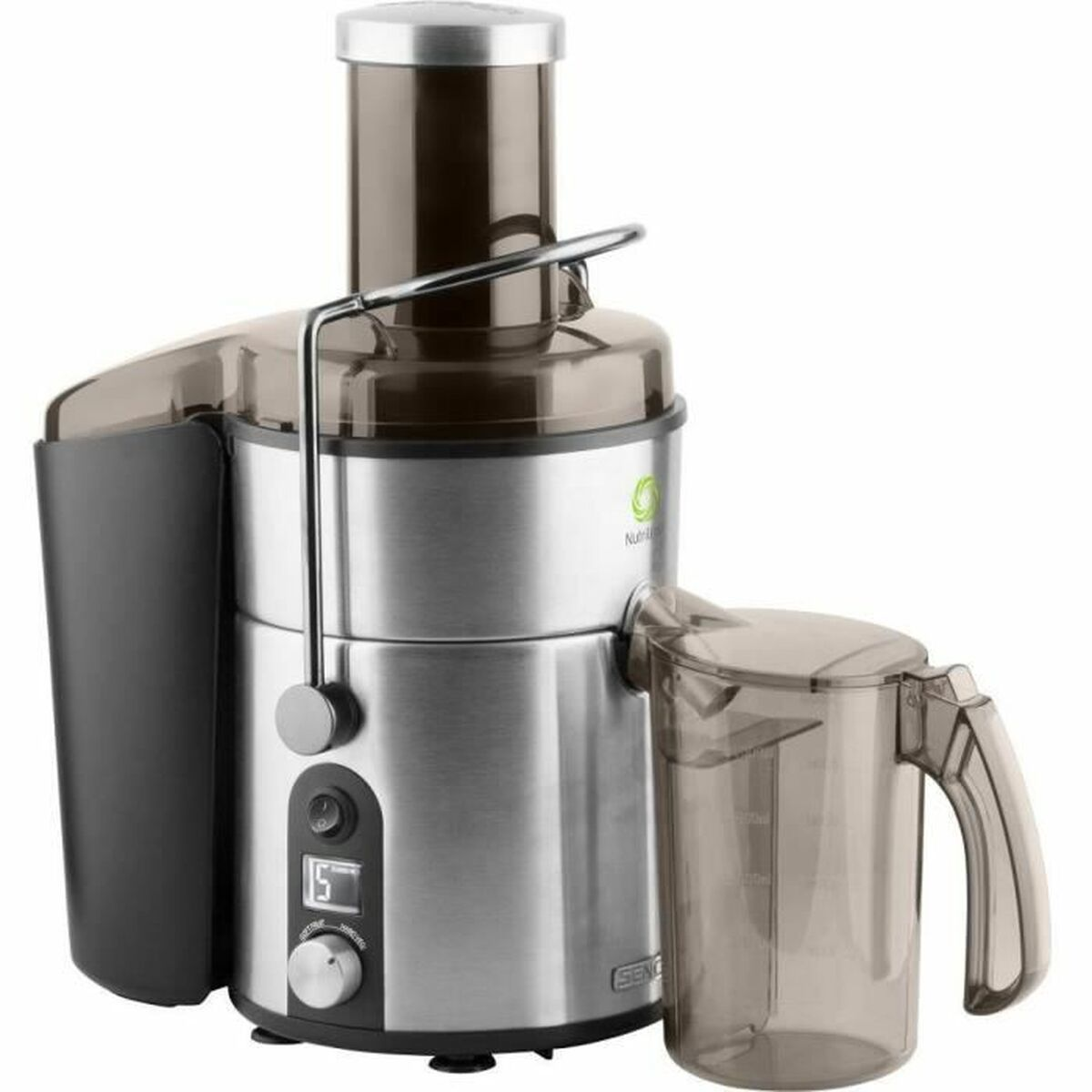 Una centrifuga argentata e nera con una brocca grigio scuro e un coperchio trasparente. La centrifuga ha un display digitale.