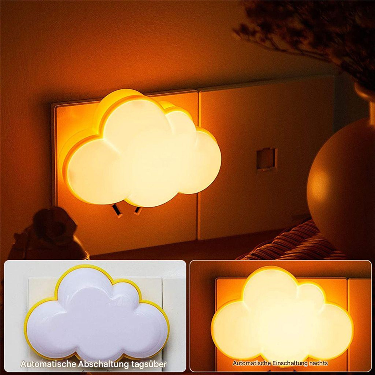 Drei wolkenförmige Nachtlichter. Eines leuchtet, zwei Varianten. Eins zeigt Automatisches Aus, das andere Automatisches Einschalten.