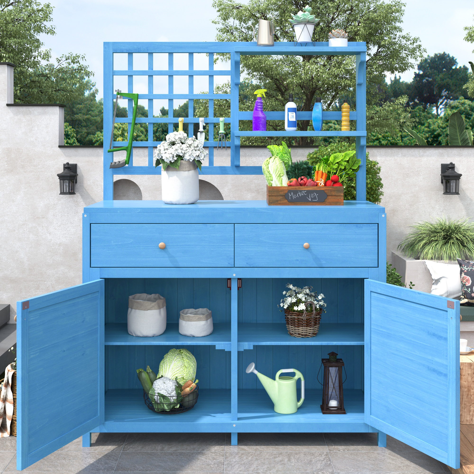 Blaue Outdoor-Anzuchtbank, gefüllt mit Pflanzen und Gemüse, mit Gegenständen auf den Regalen, in einer Gartenszene.
