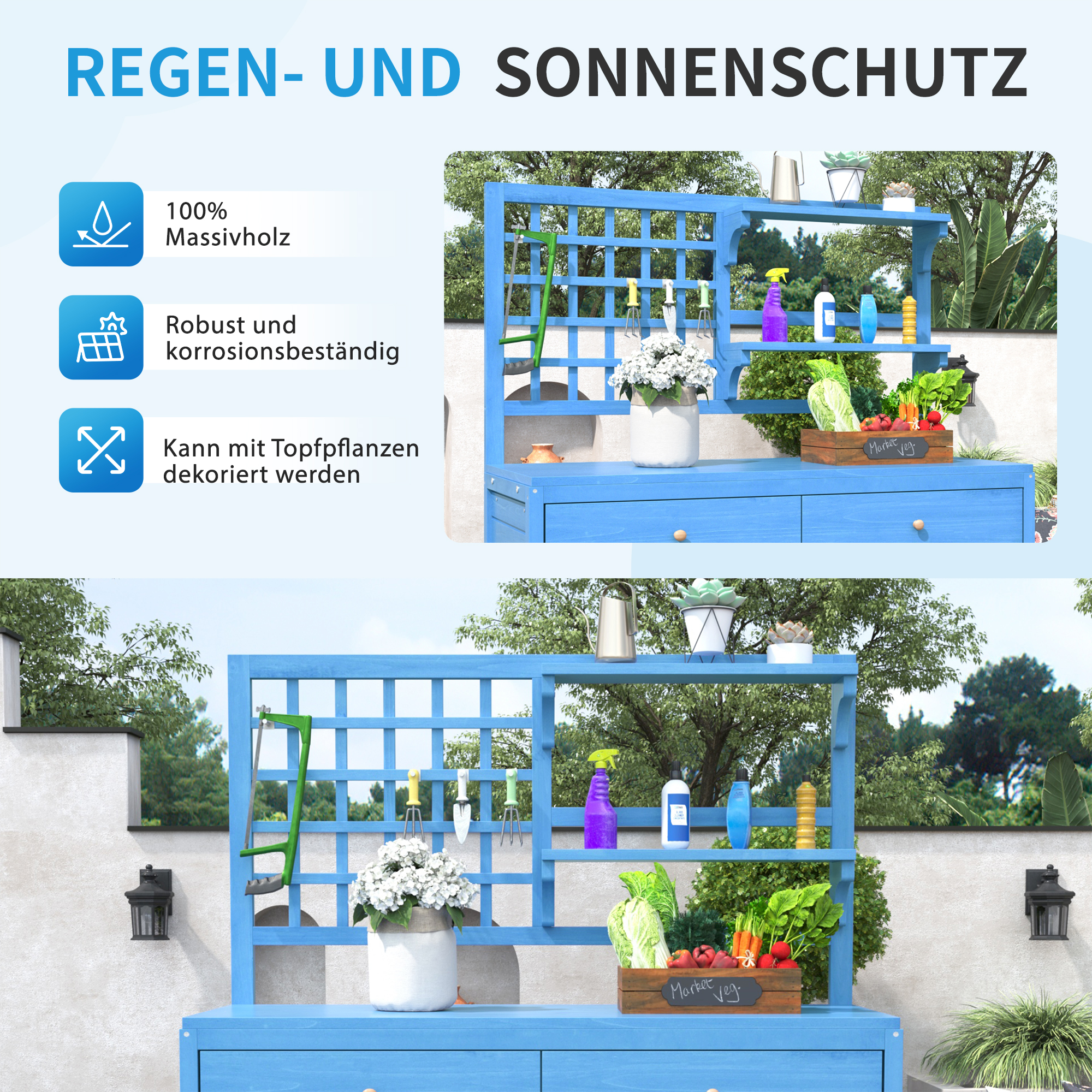 Blaue Outdoor-Anzuchtbank mit Pflanzen, Gemüse und Werkzeugen, mit Text über Regen- und Sonnenschutz.