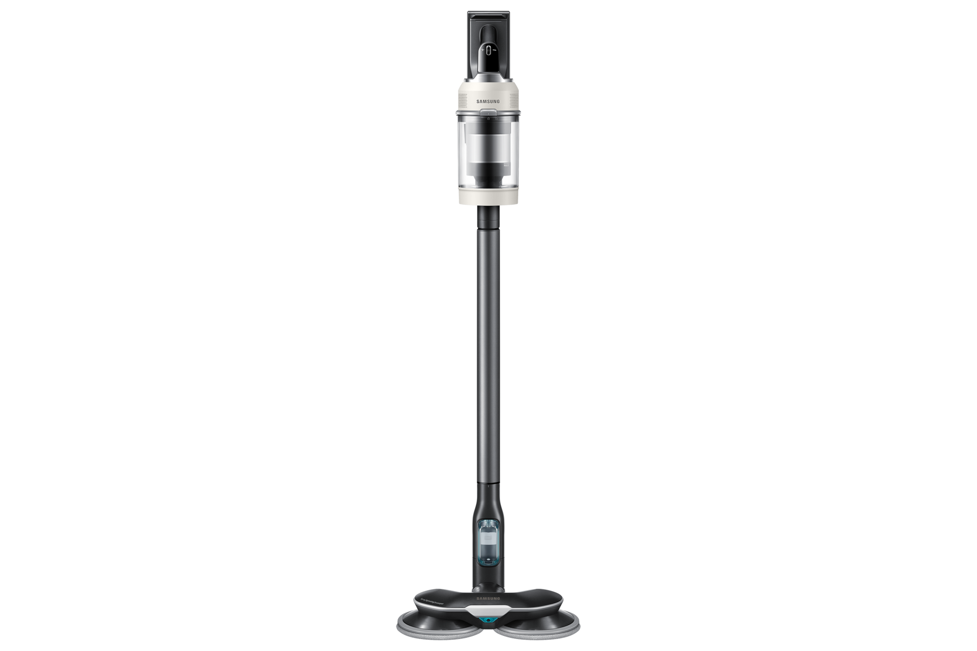 Ein kabelloser Staubsauger von Samsung mit schwarz-weißem Design, der auf schwarzem Hintergrund steht.