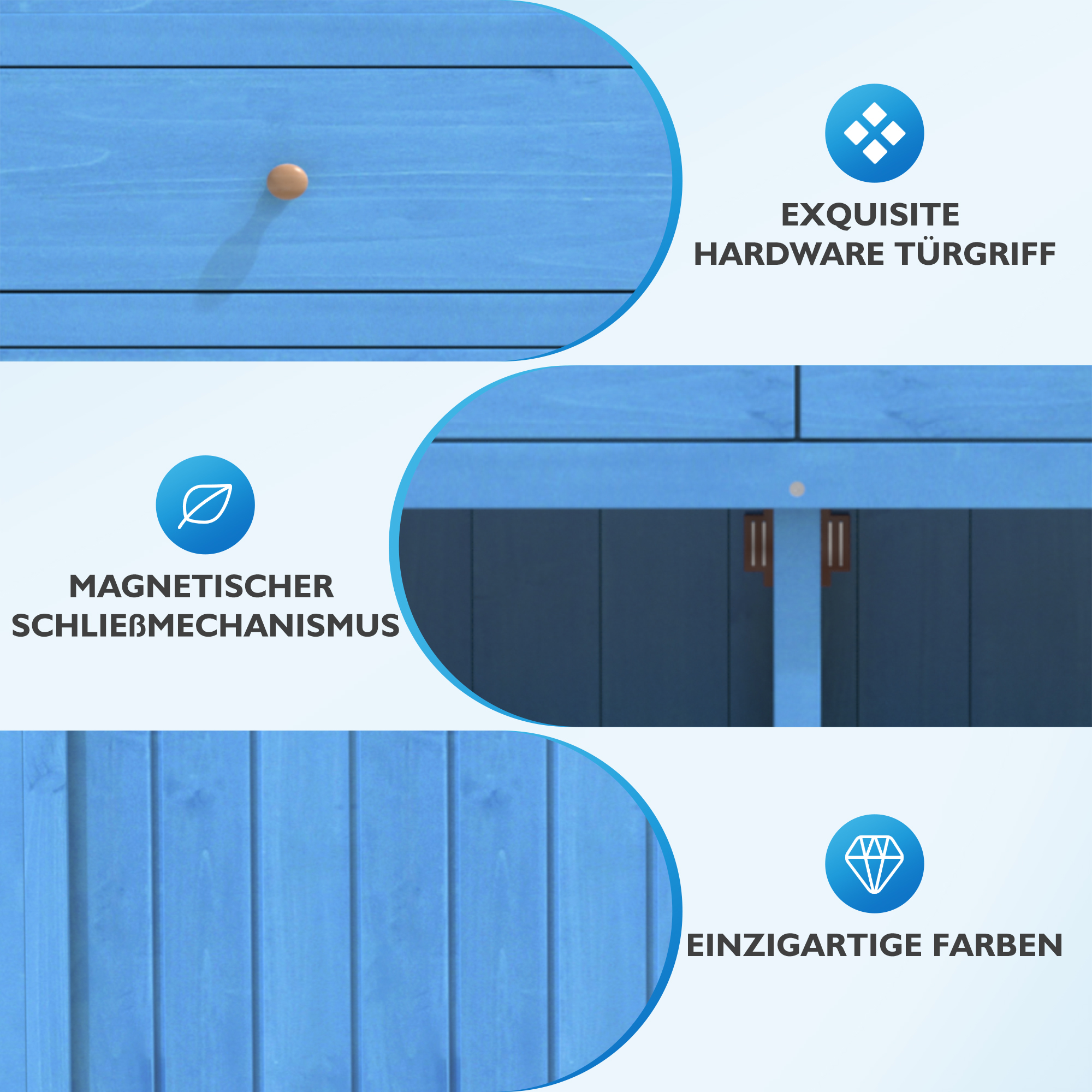 Nahaufnahmen von einem blauen Holzschrank mit Holzknauf, Magnetverschluss und einzigartigen Farben.