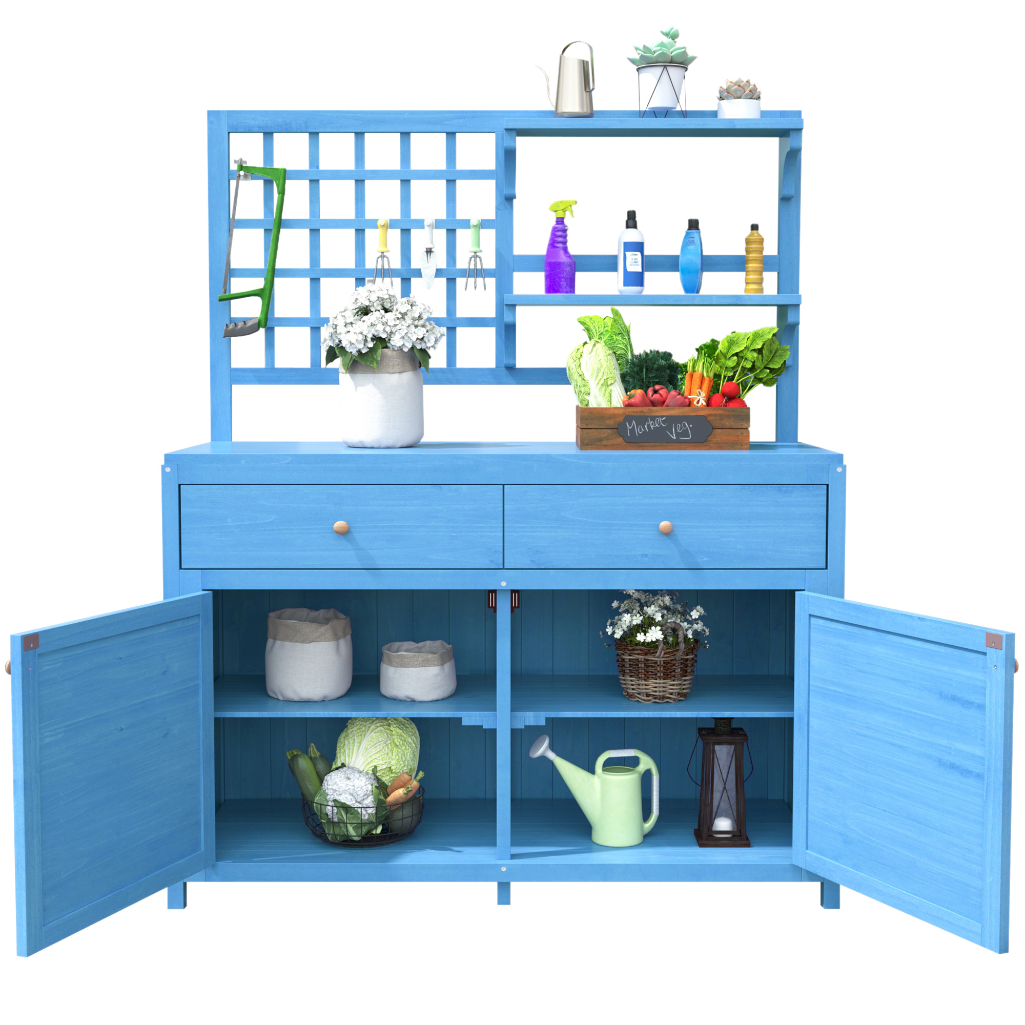 Blaue Holz-Pflanzbank mit offenen Türen, Regalen und Schubladen mit Gartengeräten.