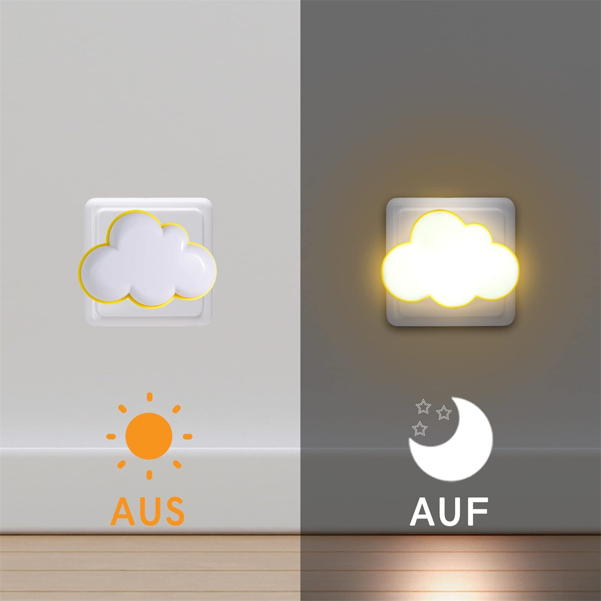 Zwei Lichtschalter an einer Wand. Einer zeigt ein Sonnensymbol, der andere Sterne und einen Mond. Nacht und Tag.
