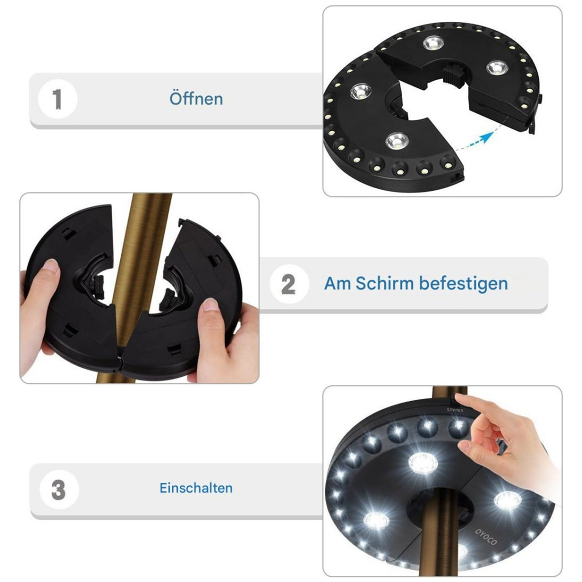 Schritte zur Montage einer schwarzen Schirmleuchte. Zeigt die Teile und wie man sie öffnet und schließt.