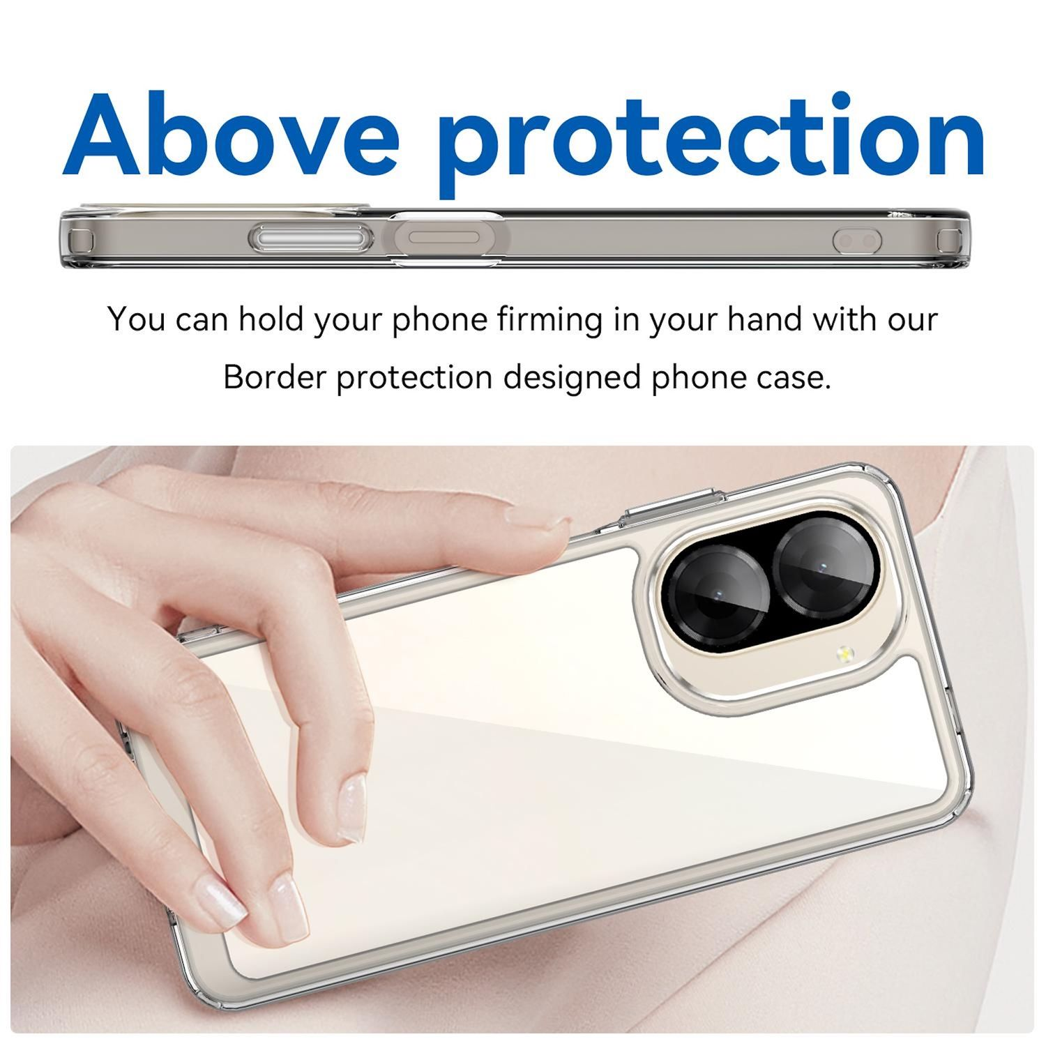 Hand, die ein Telefon in einer transparenten Hülle hält. Text-Overlay: 'Oben Schutz'.