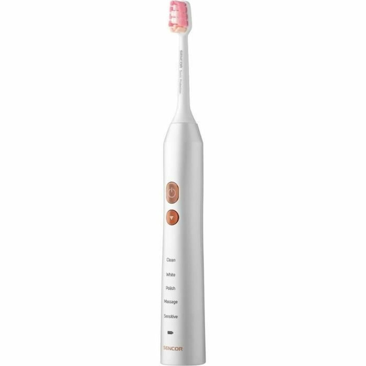 Weiße elektrische Zahnbürste mit rosa Borsten. Knöpfe sind sichtbar. Das Wort SENCOR ist gedruckt.