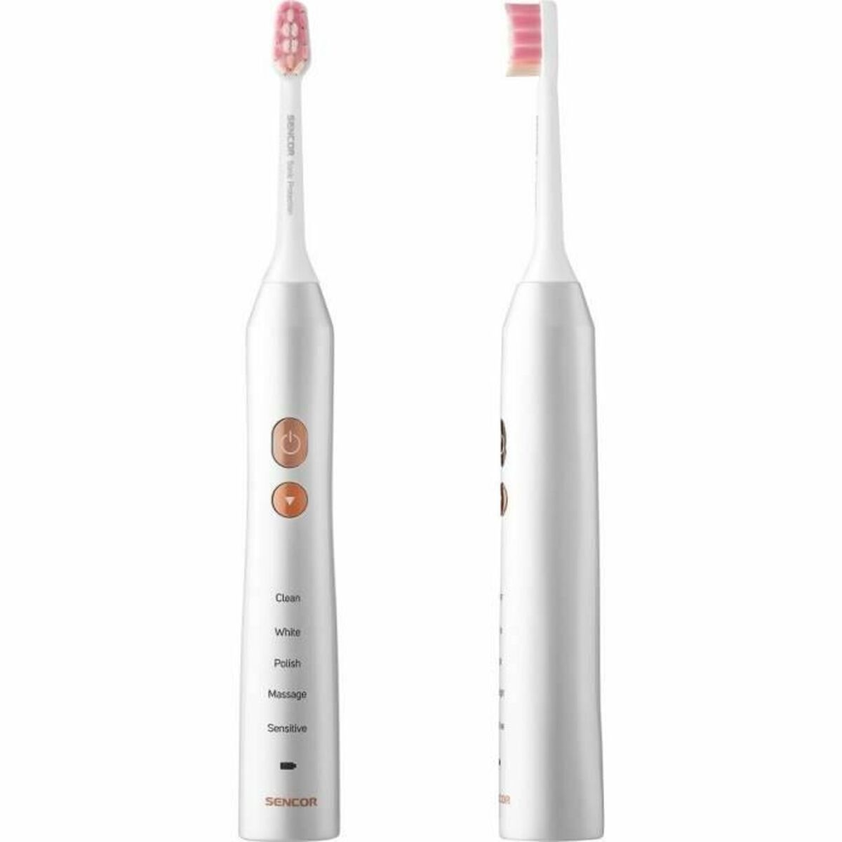 Zwei weiße elektrische Zahnbürsten mit rosa und weißen Borsten, nebeneinander, mit Funktionsbezeichnungen auf einer.