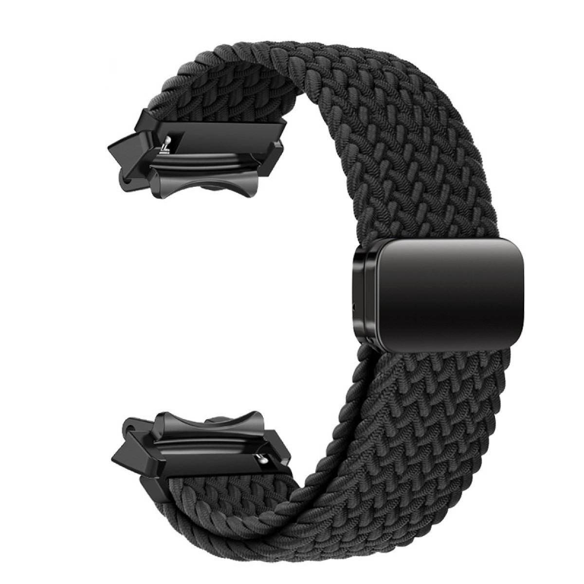 Un cinturino nero intrecciato con chiusura nera. Il cinturino è intrecciato. La chiusura è rettangolare.