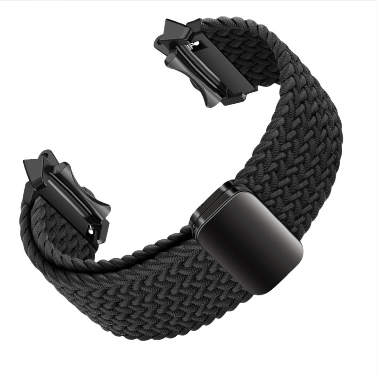 Cinturino nero intrecciato per smartwatch con chiusura nera. Sfondo bianco.