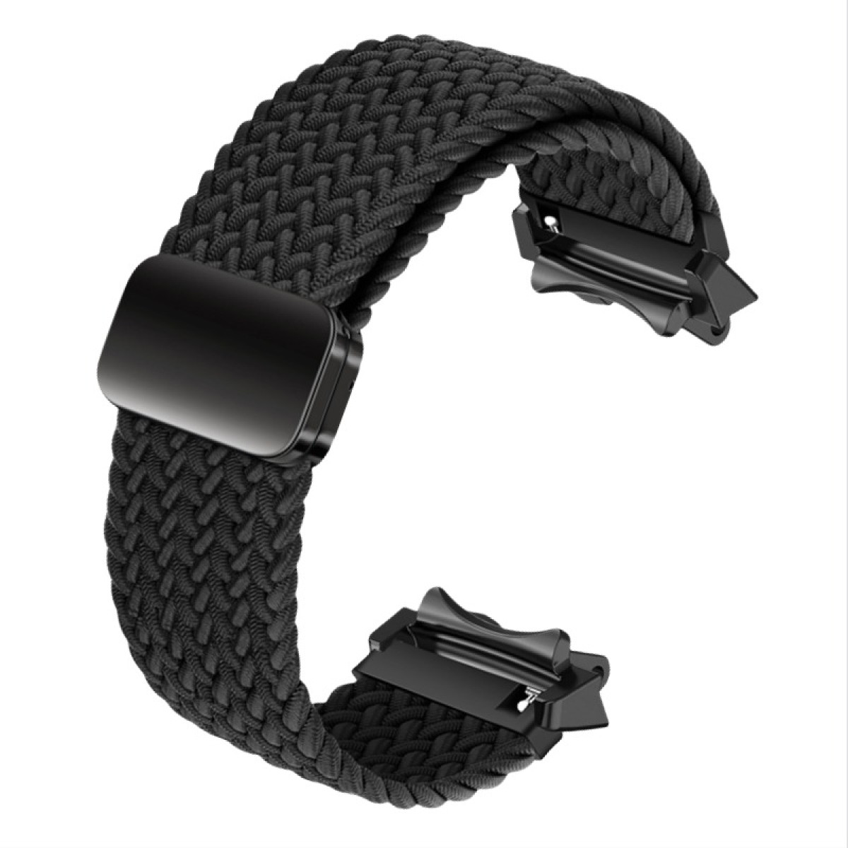 Cinturino nero intrecciato per smartwatch con chiusura nera. Sfondo bianco.