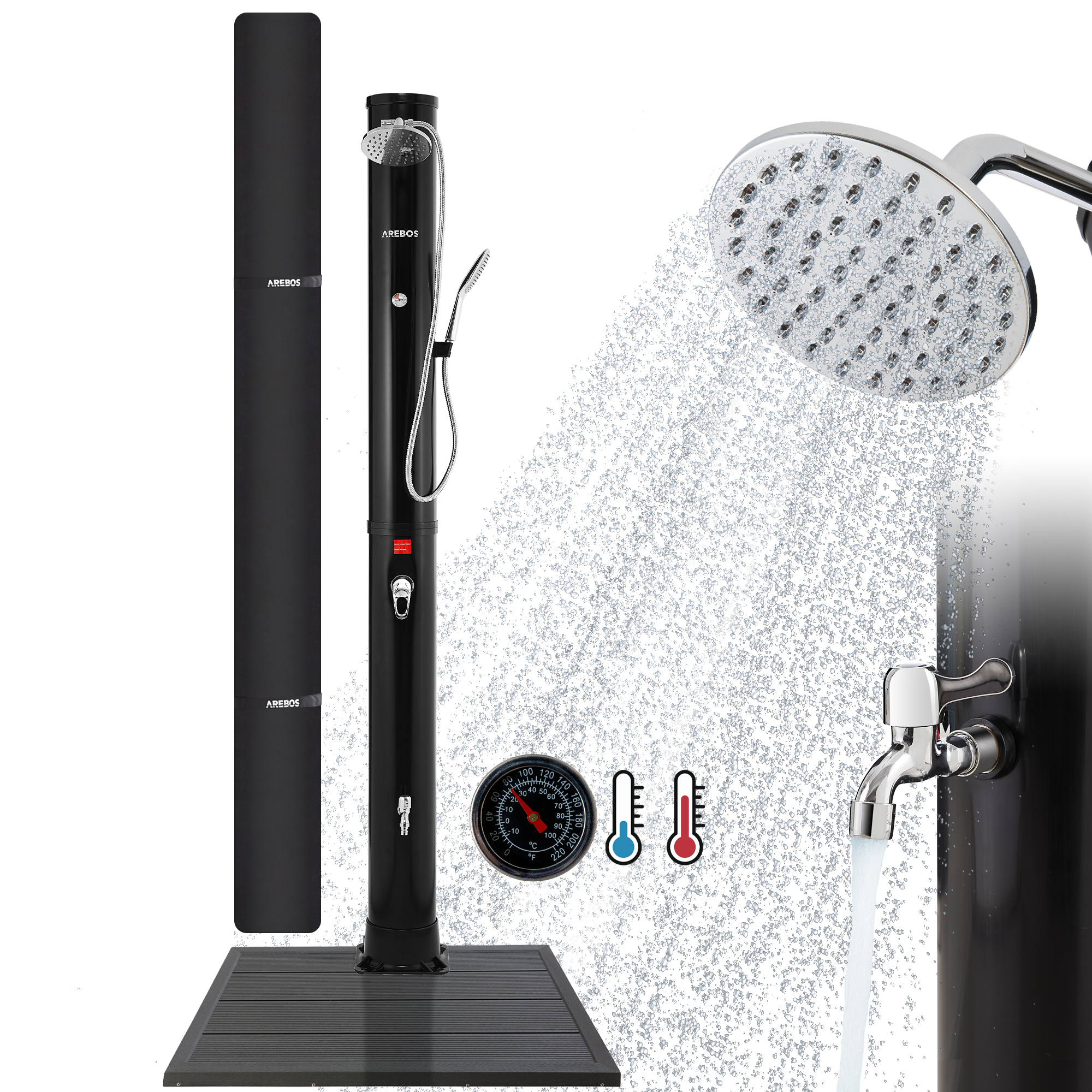 Schwarze Außendusche mit Kopf, Wasserhahn und fließendem Wasser. Thermometer und Anzeige.