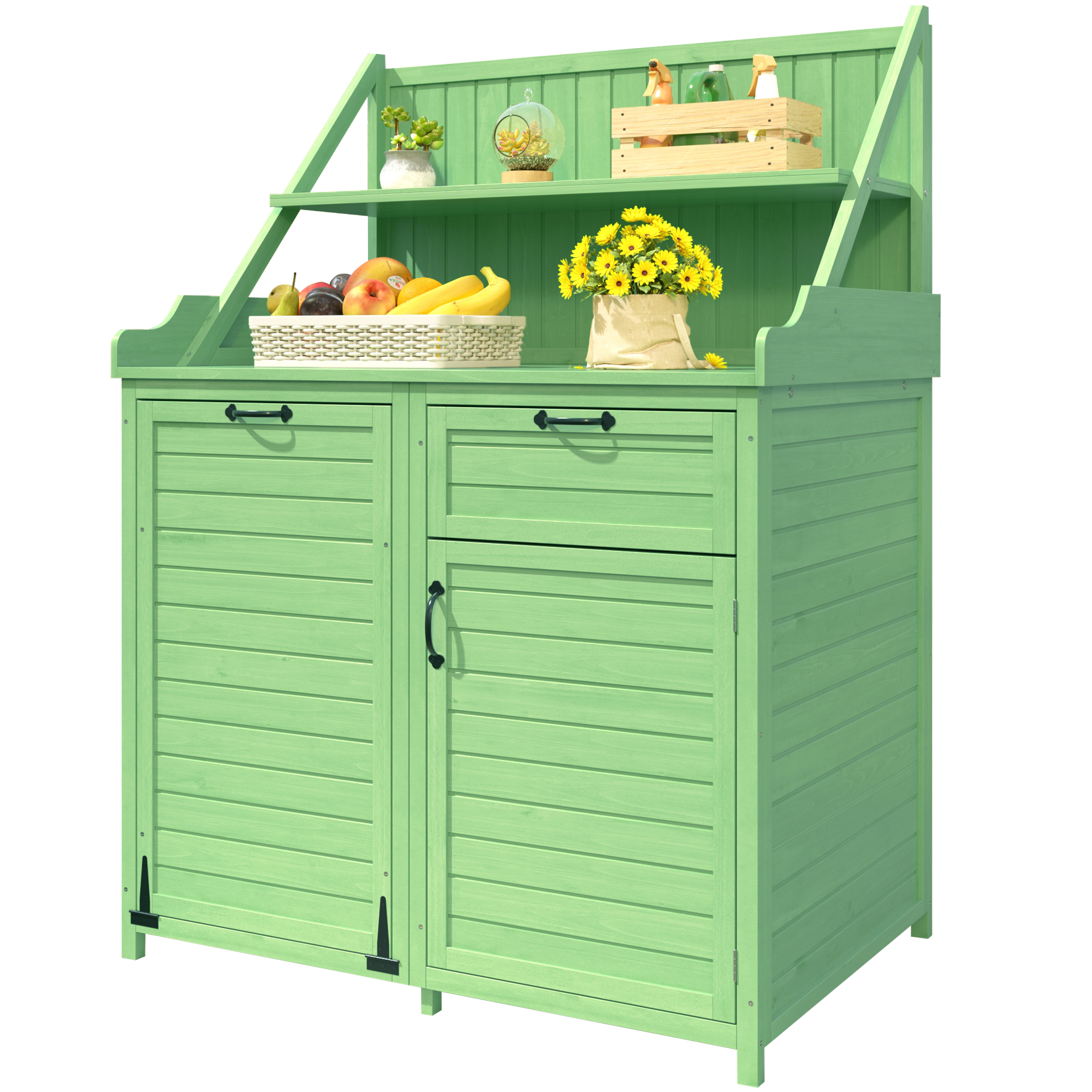 Grüner hölzerner Pflanztisch mit Regalen und Schränken. Früchte und Blumen.