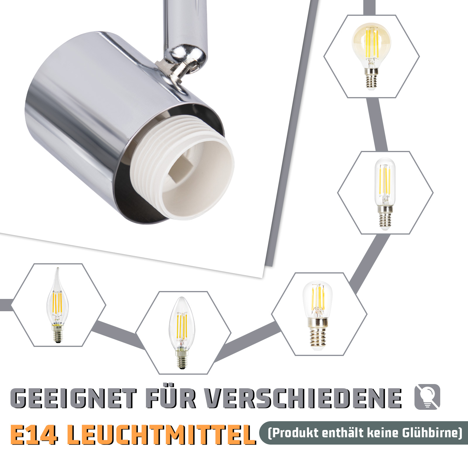 Apparecchio cromato con portalampada e varie lampadine E14.