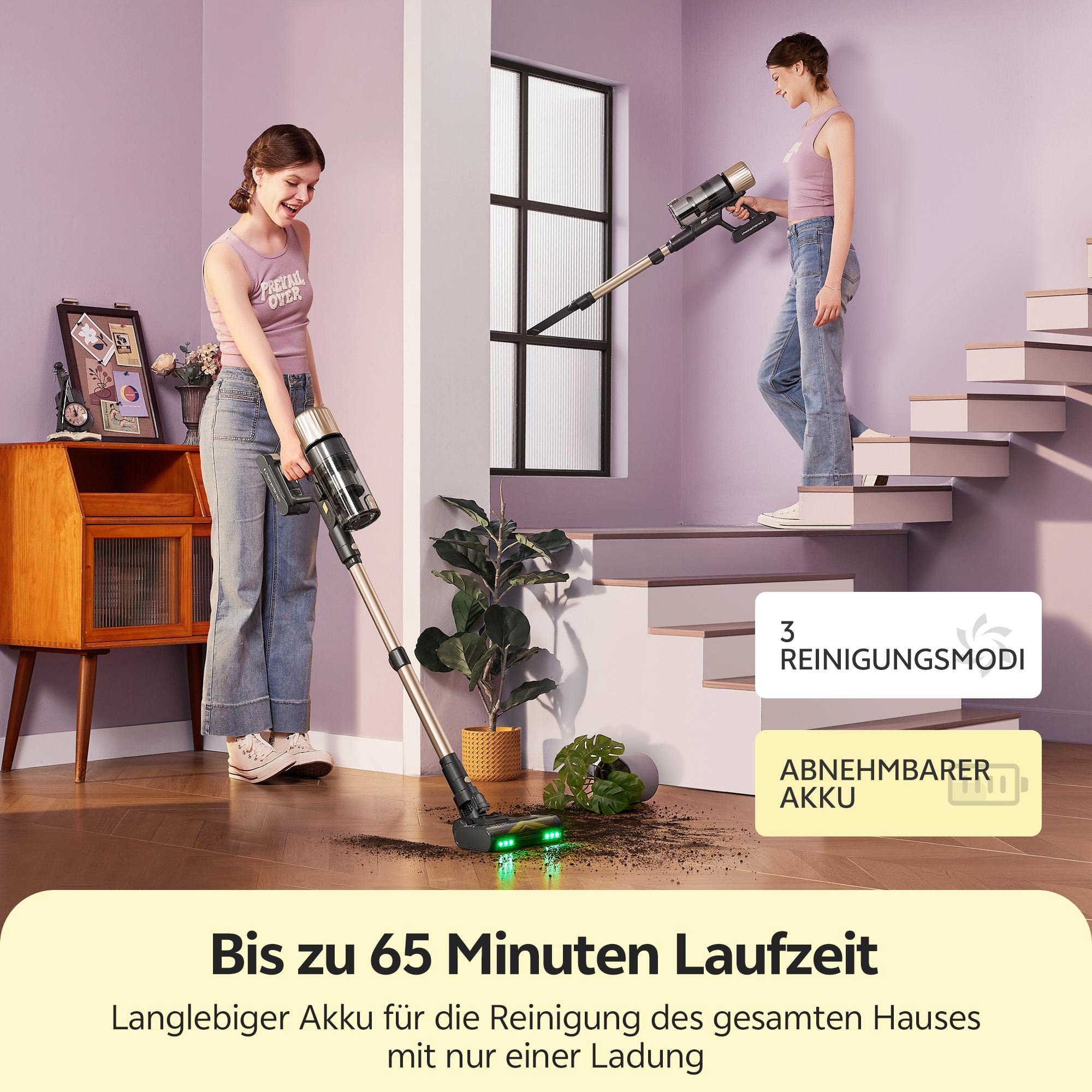 Zwei Frauen putzen, saugen Treppen und Boden, Text über Akkulaufzeit.