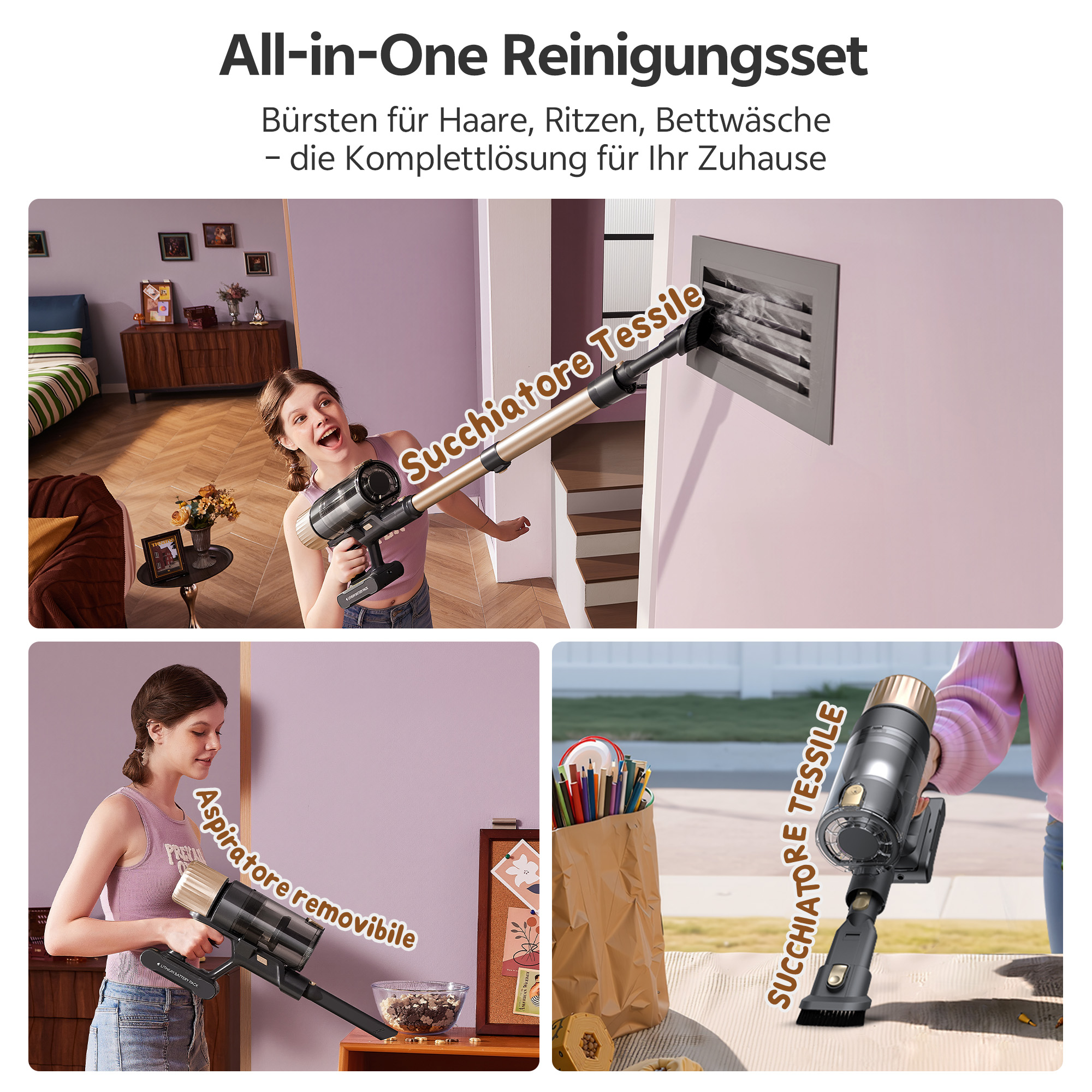 Frau benutzt Staubsauger, mit Text über Reinigungsset und Zubehör.