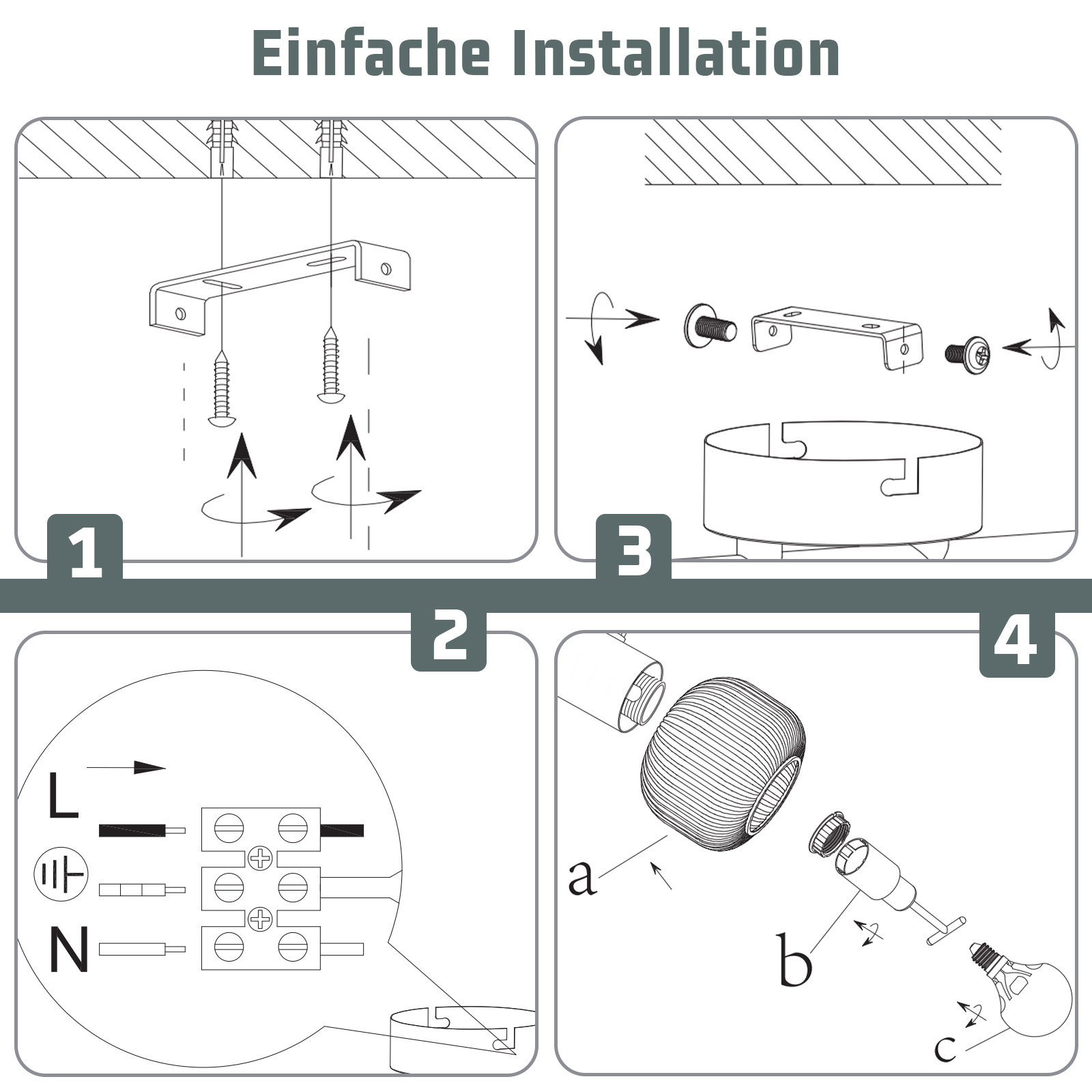 Diagrammi di istruzioni per l'installazione di un apparecchio di illuminazione, passo dopo passo.