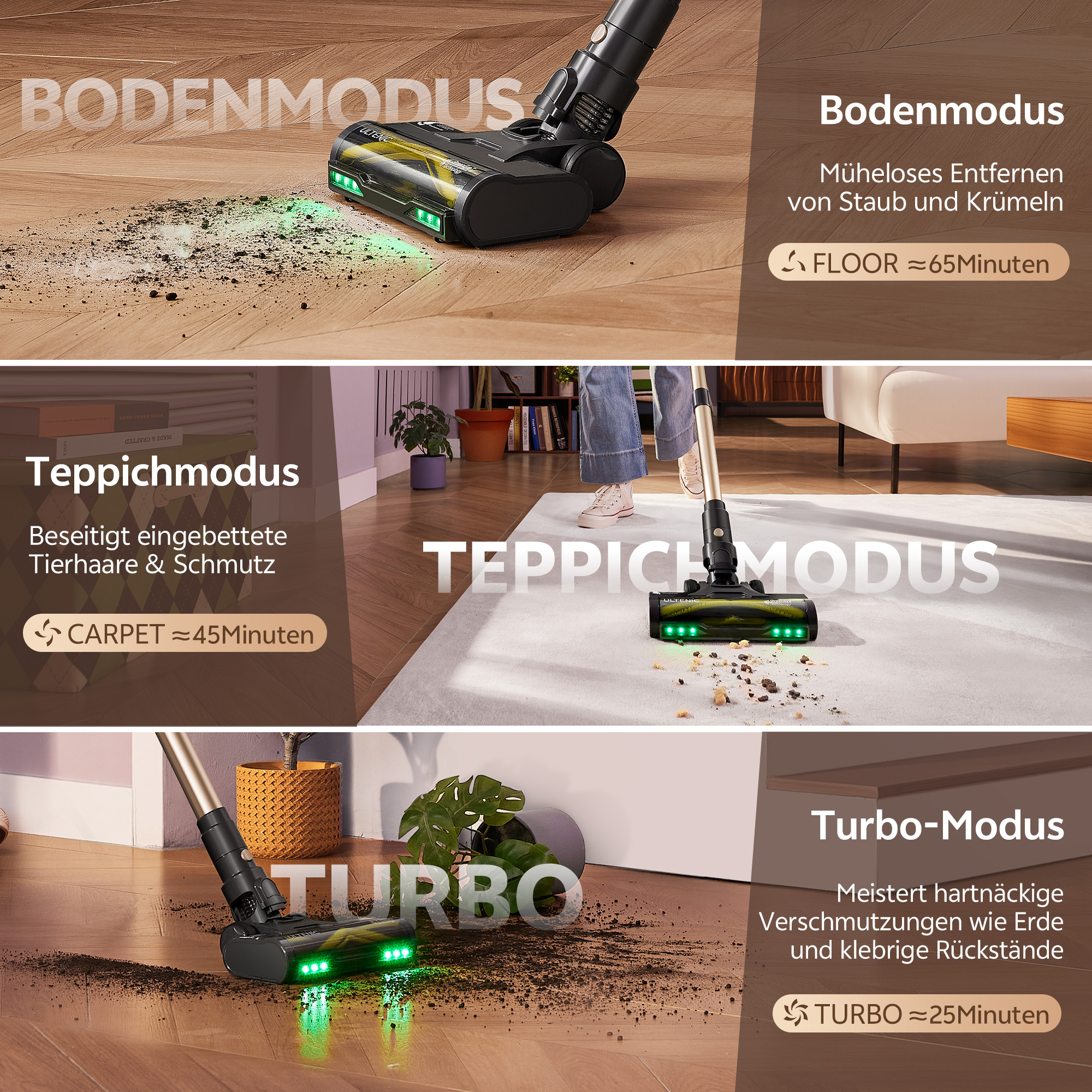 Drei Bilder mit Staubsaugermodi: Boden, Teppich und Turbo. Jeder Modus hat einen anderen Anwendungsfall.