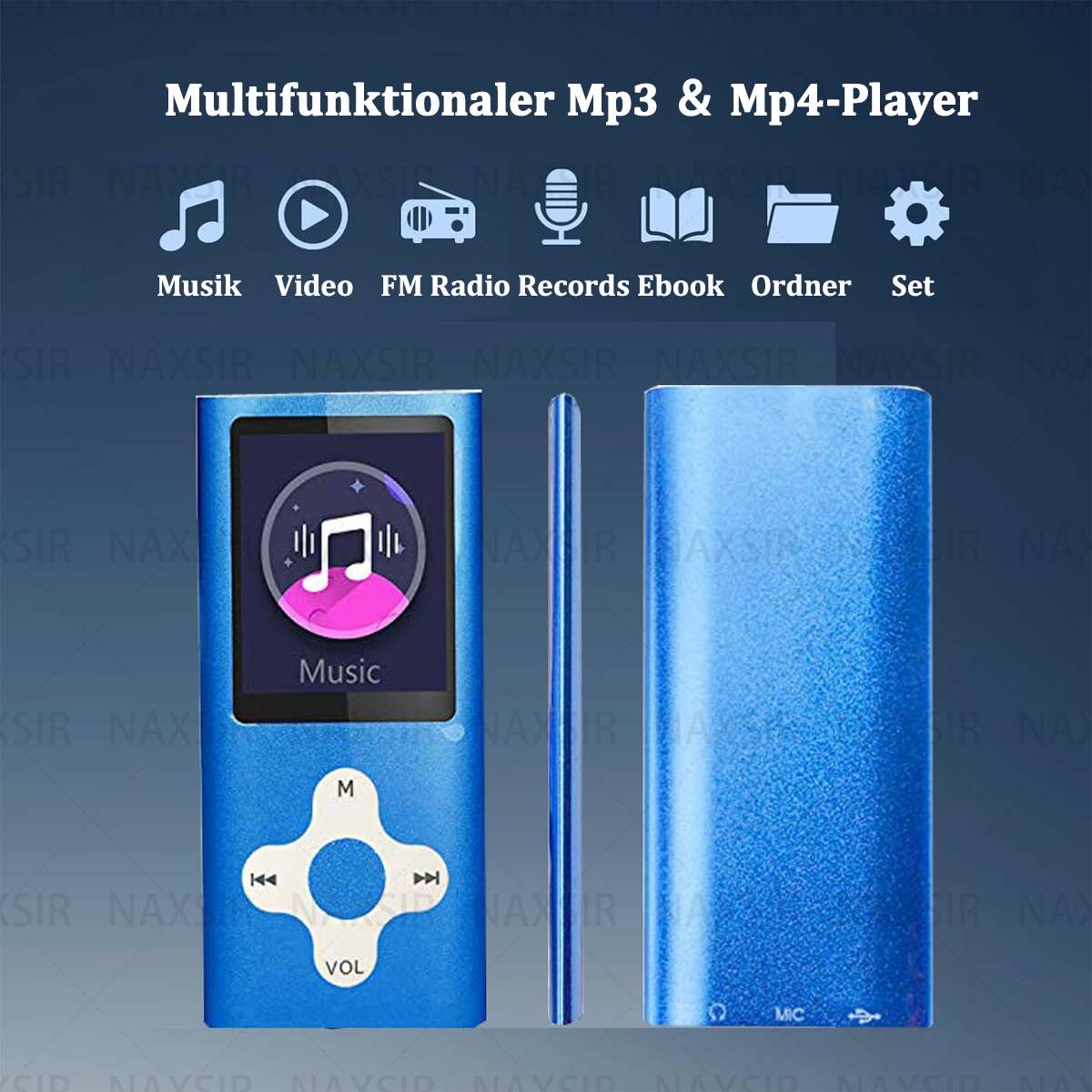 Lettore MP3/MP4 blu con schermo, pulsanti e varie icone di funzione.