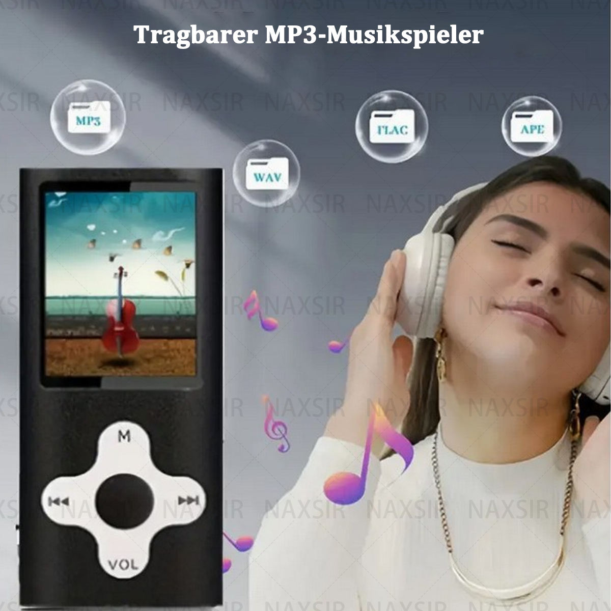 Donna con cuffie che ascolta musica da un lettore MP3 portatile.
