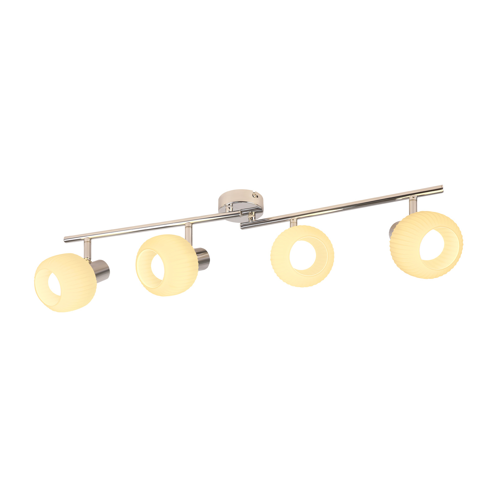 Quattro luci in fila, ciascuna con una lampadina bianca a forma di anello. Apparecchio cromato. Sfondo bianco.