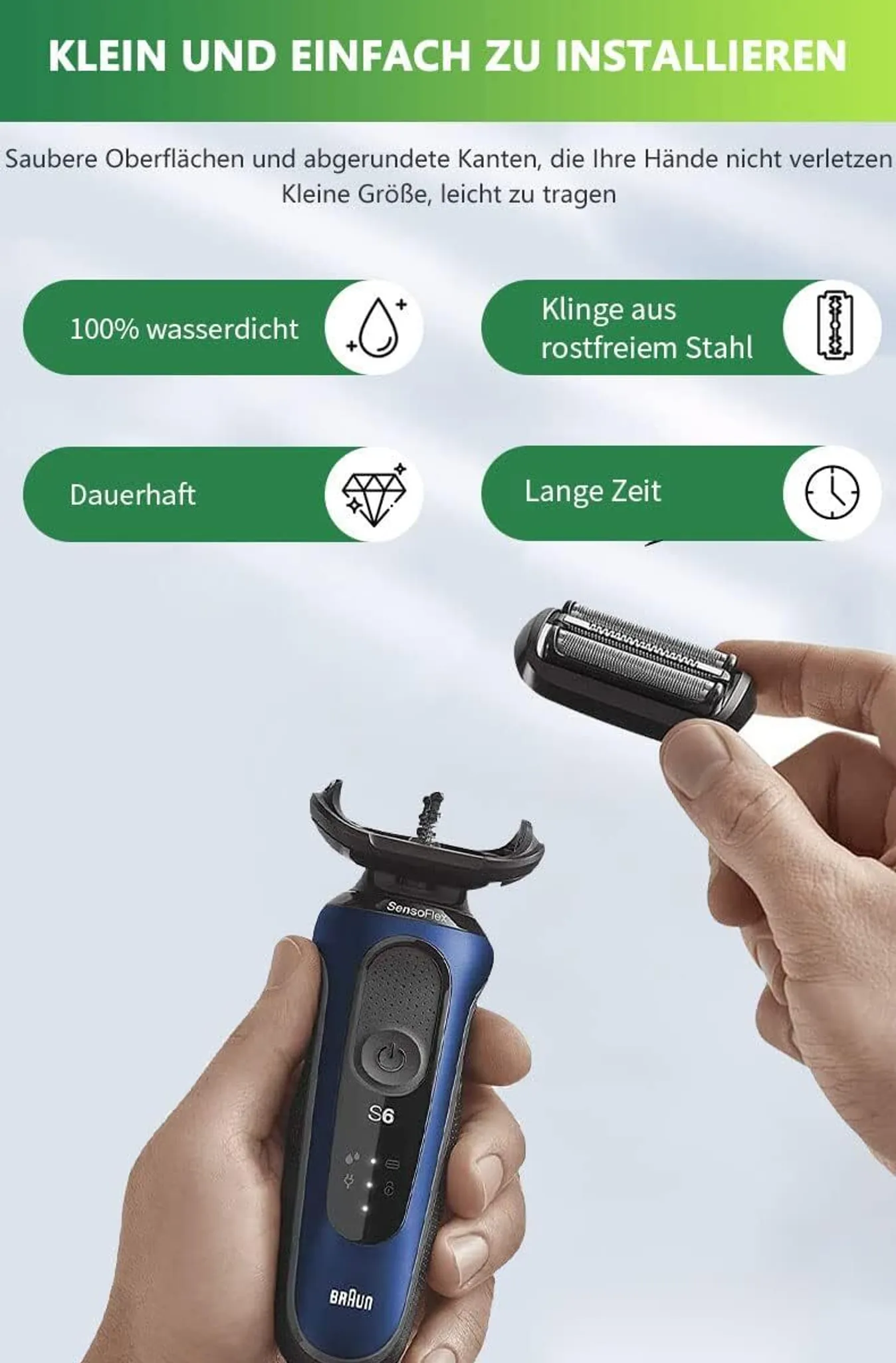 Nahaufnahme der Hände eines Mannes, der einen elektrischen Rasierer hält. Merkmale sind wasserdicht, Edelstahlklingen und Langlebigkeit.