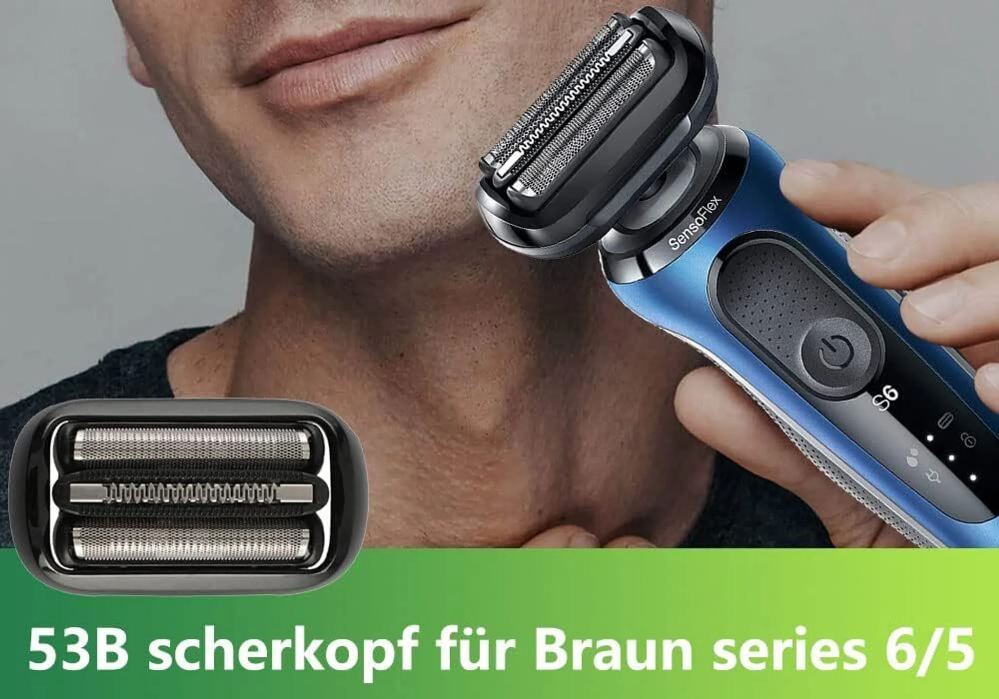 Mann rasiert sich mit einem blau-schwarzen Elektrorasierer, mit einem Ersatzkopf und Klingen.