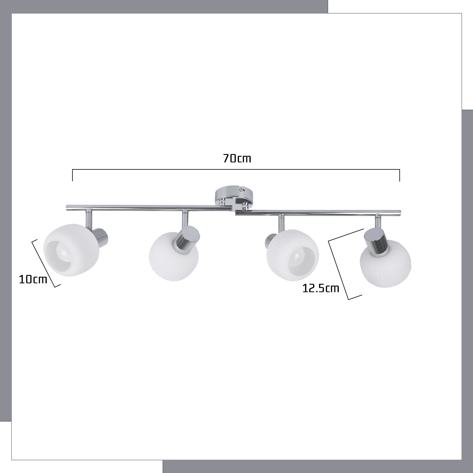 Lampada lineare con quattro paralumi in vetro smerigliato, dimensioni indicate in centimetri.