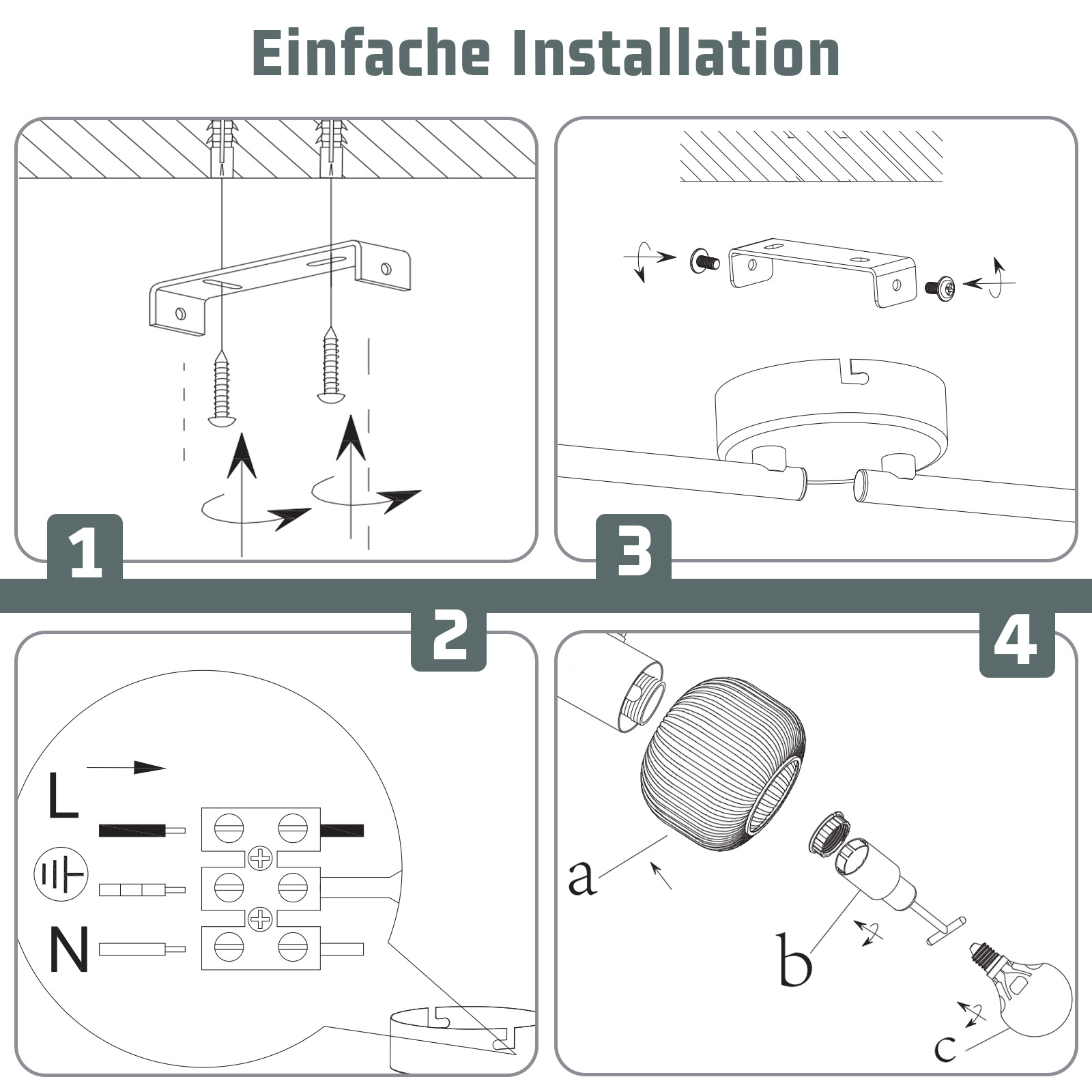Diagramma che mostra le istruzioni per l'installazione di un apparecchio di illuminazione a soffitto. Include come fissare al soffitto e cablare.