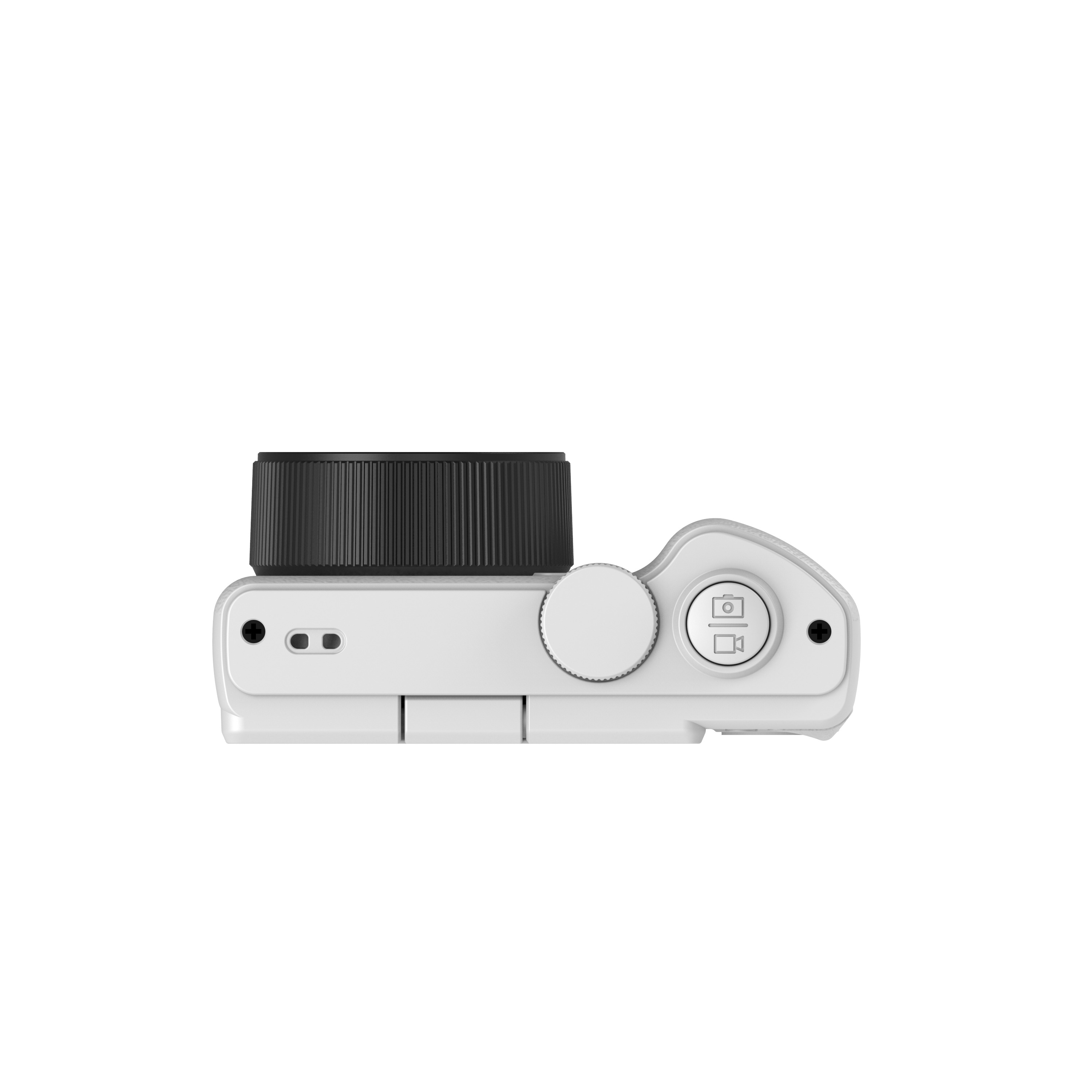 Witte camera met zwarte lens, knoppen en een witte achtergrond.