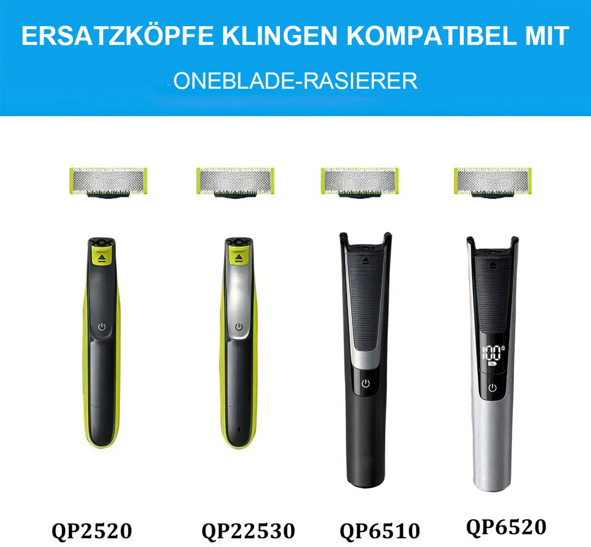 Das Bild zeigt vier Rasiererköpfe, ein Textbanner und Rasierermodelle.