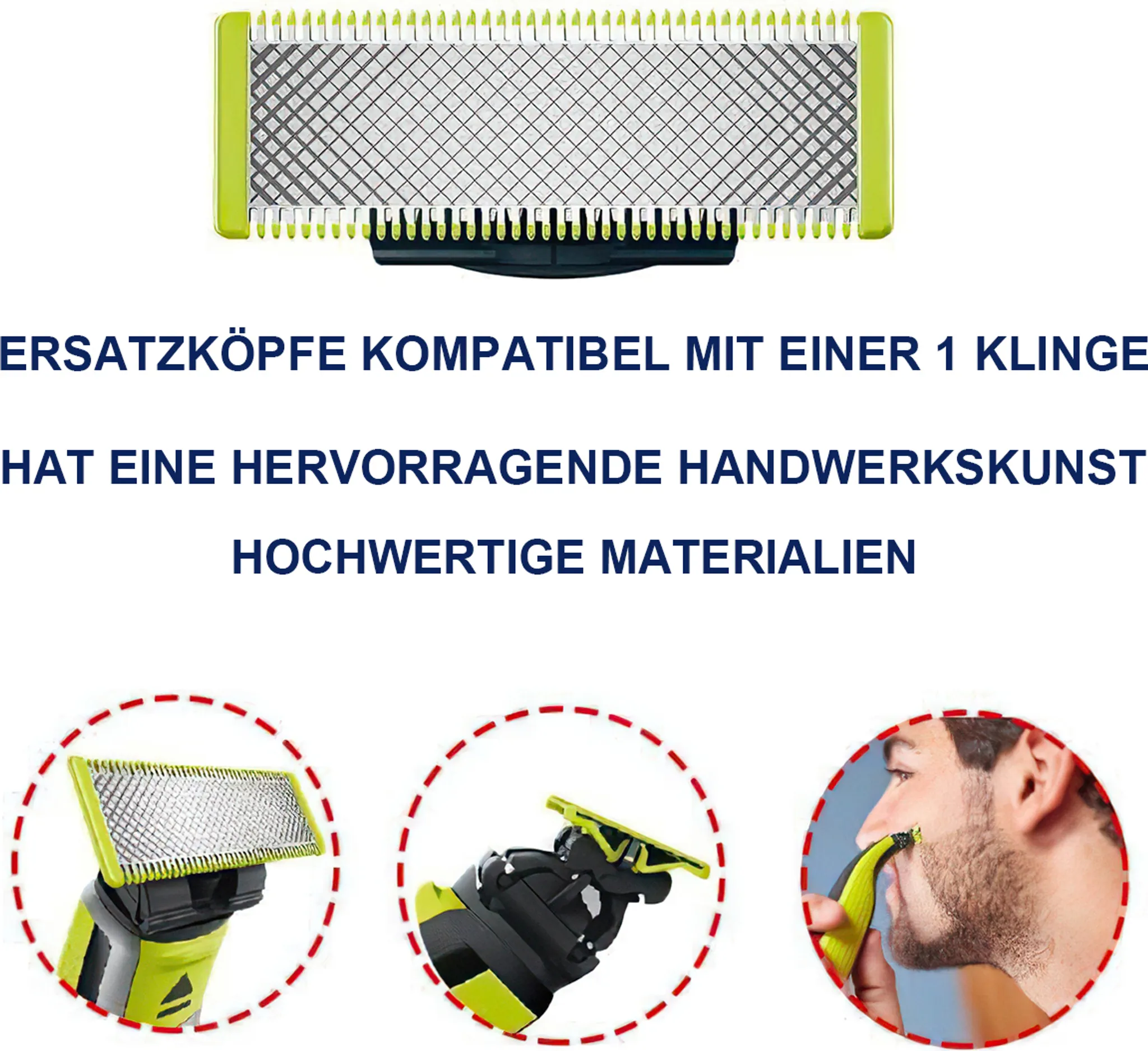 Das Bild zeigt Ersatzköpfe für einen Rasierer, mit Text und Produktbildern.