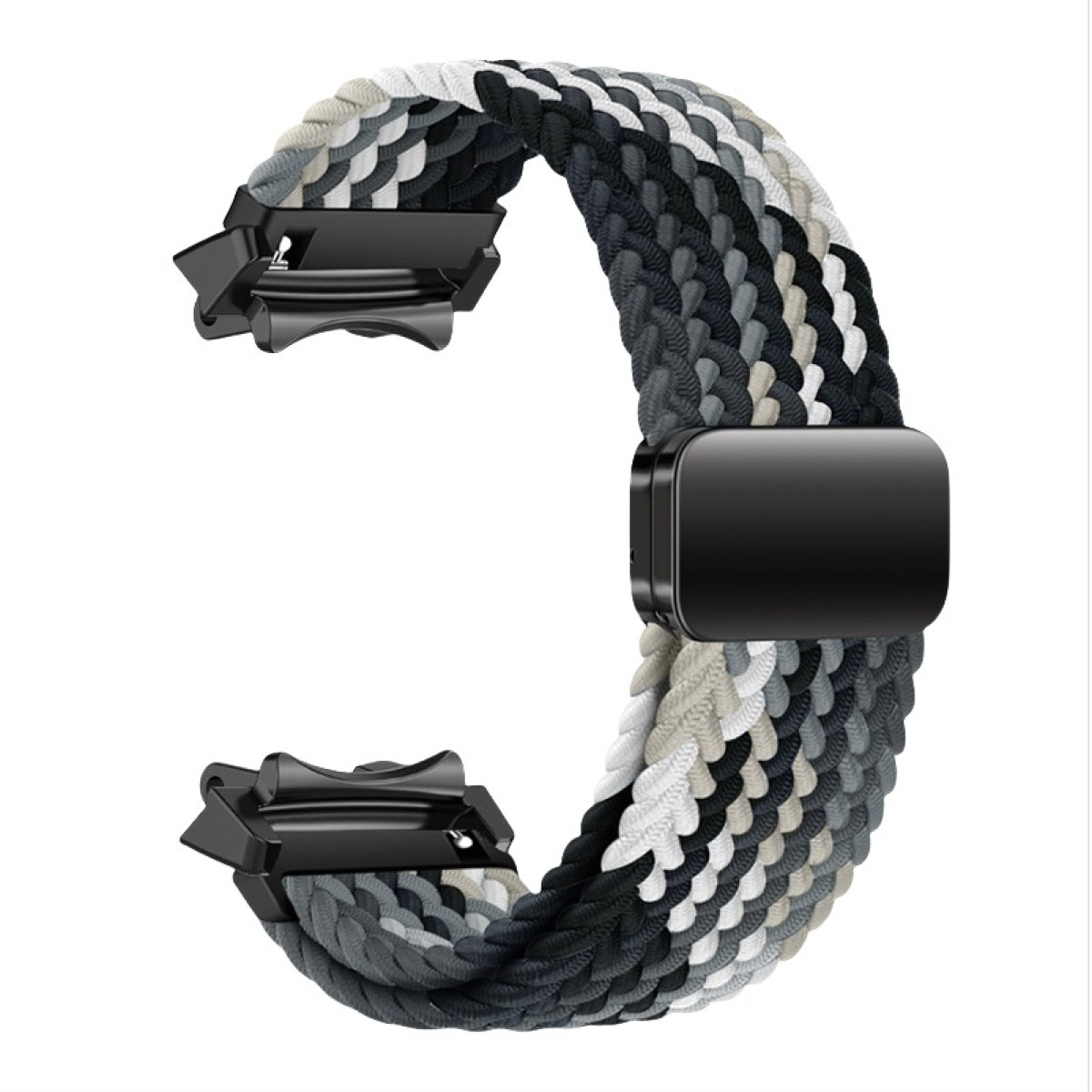 Cinturino per orologio intrecciato con chiusure nere e chiusura magnetica, varie tonalità di grigio.
