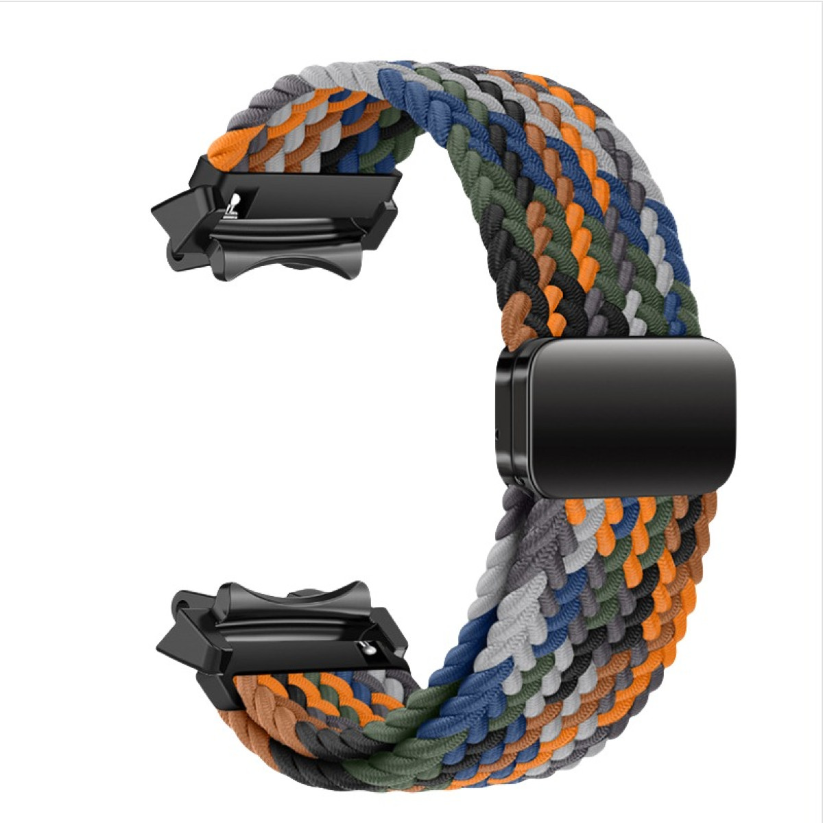 Cinturino intrecciato multicolore con fibbie nere.