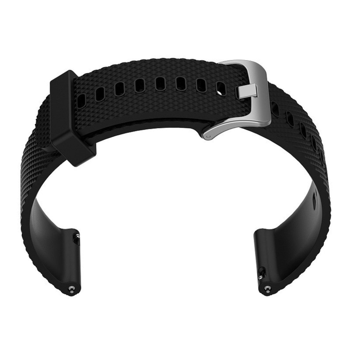 Schwarzes Uhrenarmband mit strukturierter Oberfläche und silberner Schnalle.