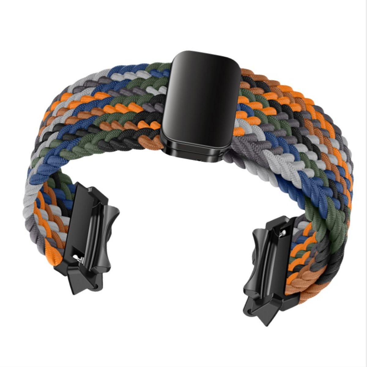 Cinturino intrecciato multicolore con fibbie nere.