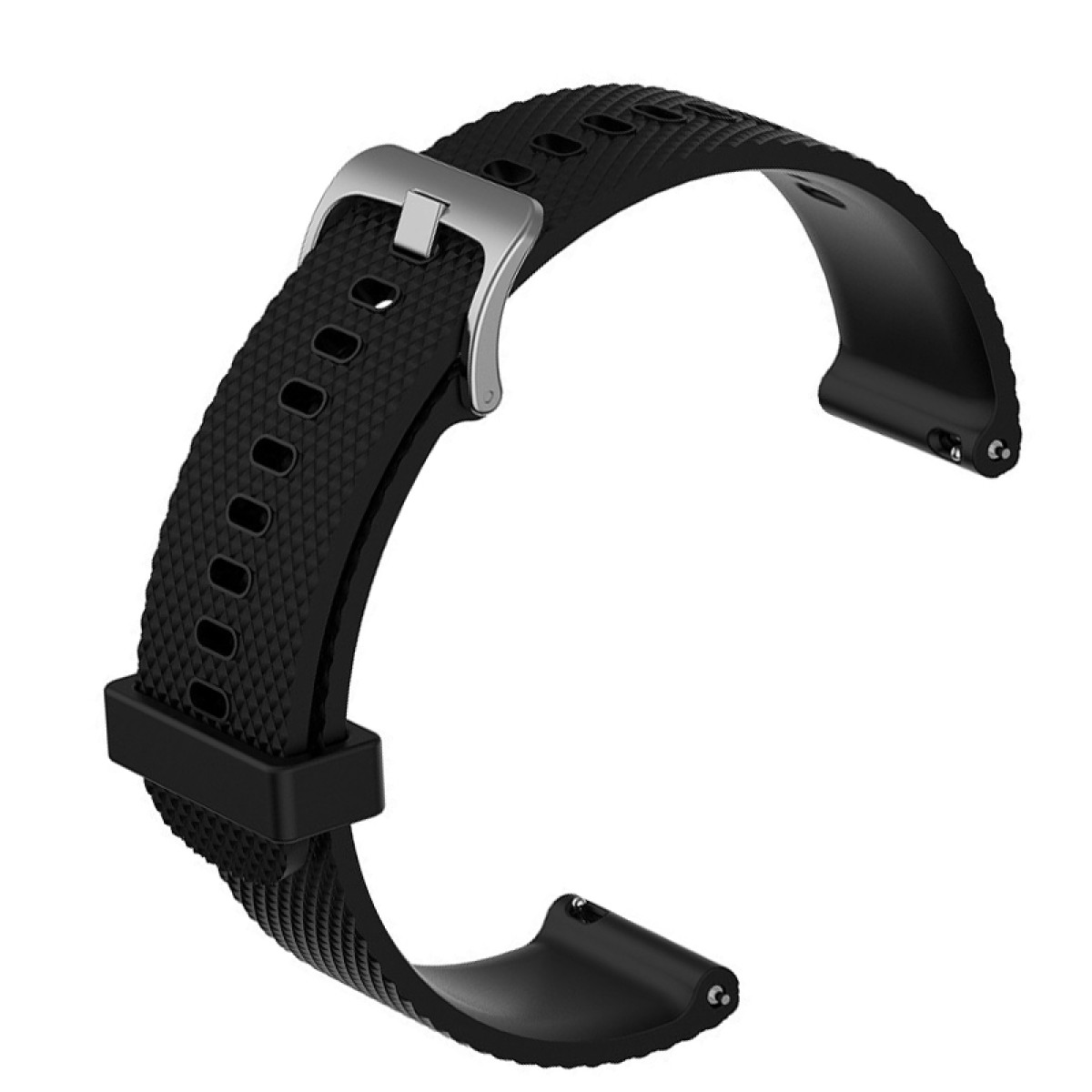 Schwarzes Uhrenarmband mit strukturierter Oberfläche und silberner Schnalle.
