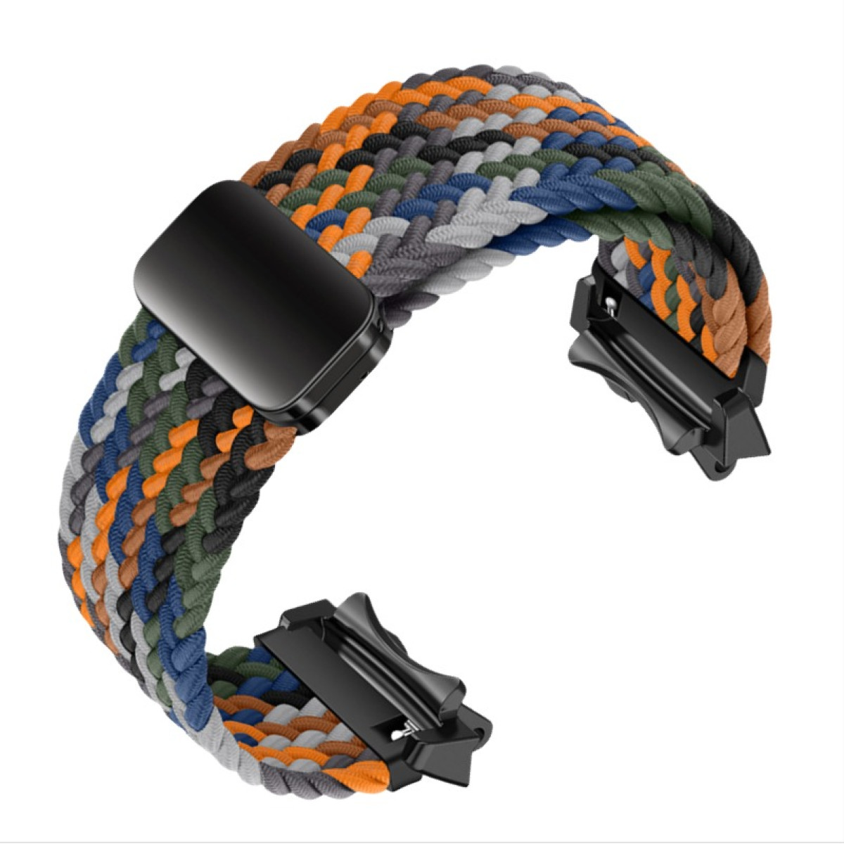 Cinturino intrecciato multicolore. Il cinturino ha fibbie nere.