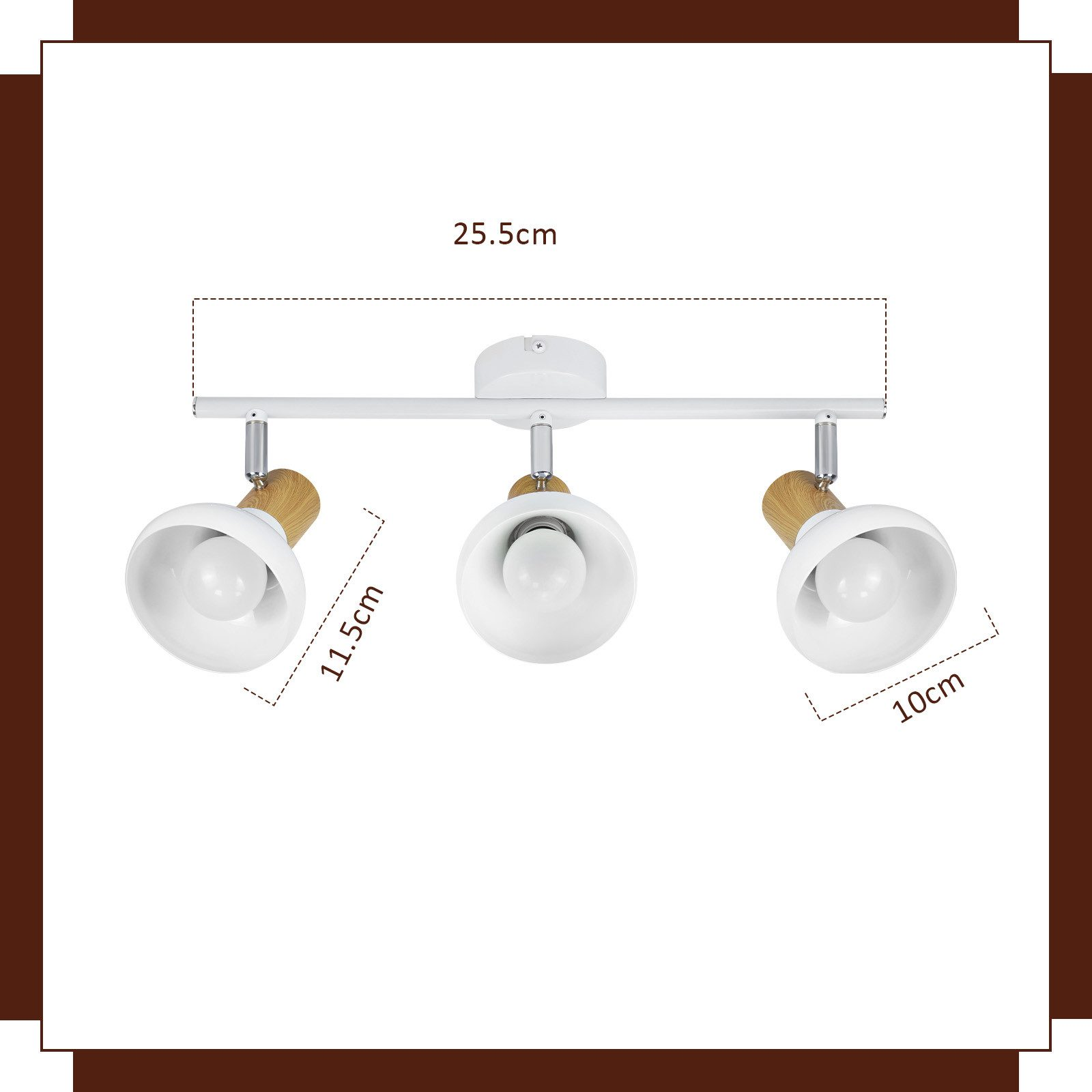 Lampada a binario bianca con tre faretti, con dimensioni indicate in centimetri.