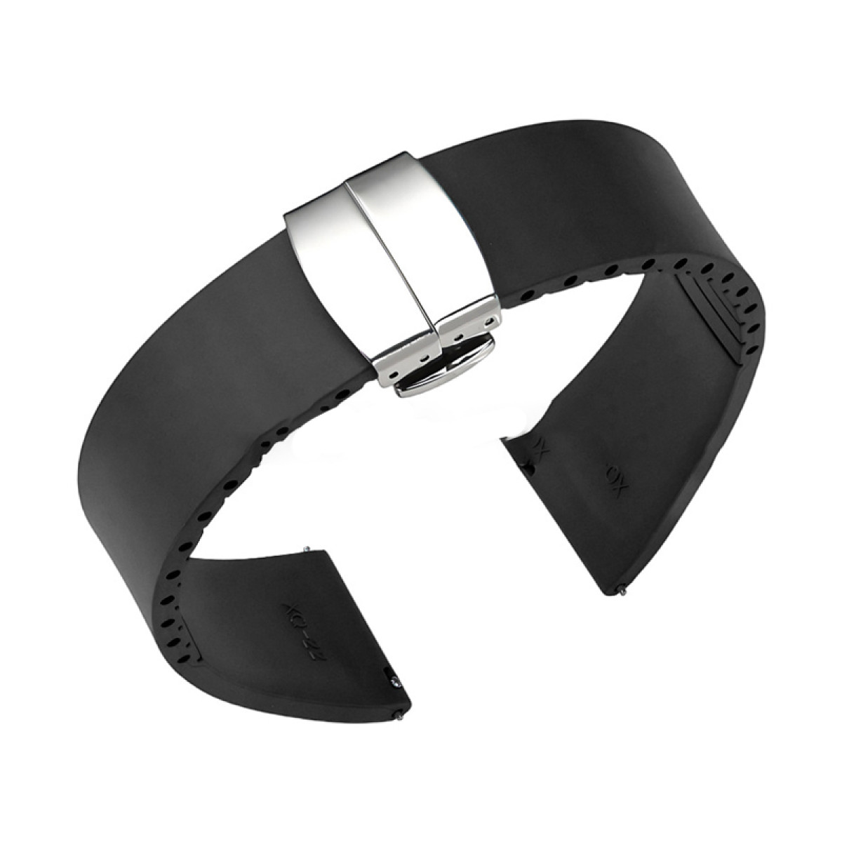 Cinturino nero per orologio con chiusura argentata. Il cinturino è aperto, mostrando l'interno.